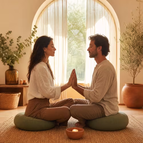 Couple practicing a somatic co-regulation breathing exercise during couples therapy