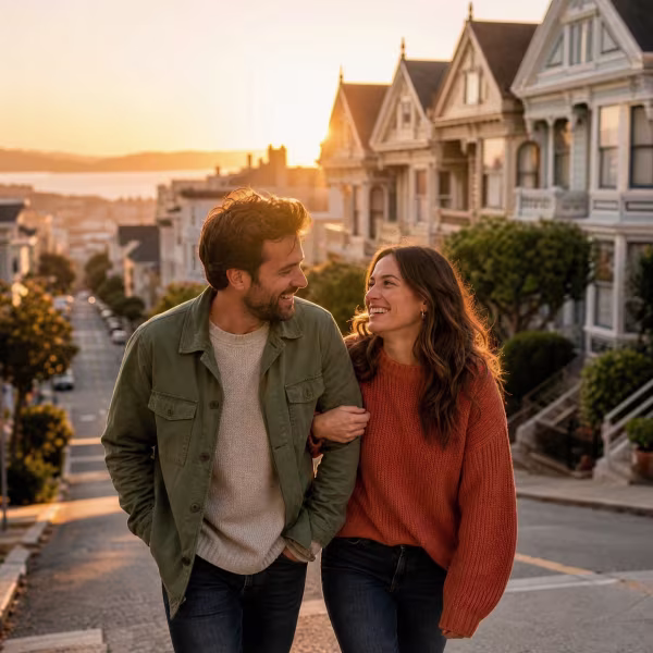 Couple walking together at golden hour in San Francisco after couples therapy
