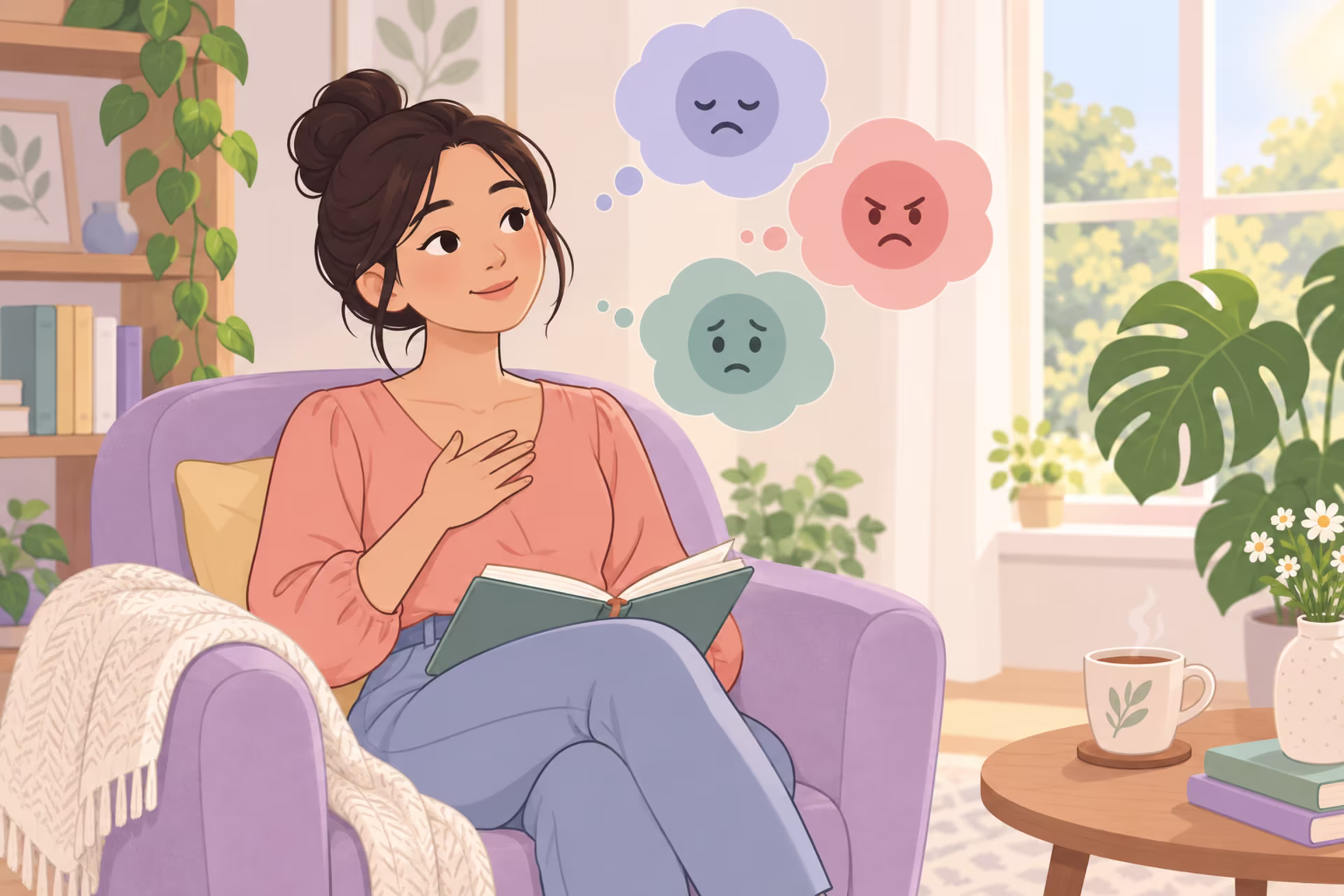A woman sits in a lavender armchair with a hand on her chest and an open book in her lap, naming sad, angry, and worried feelings in thought bubbles.