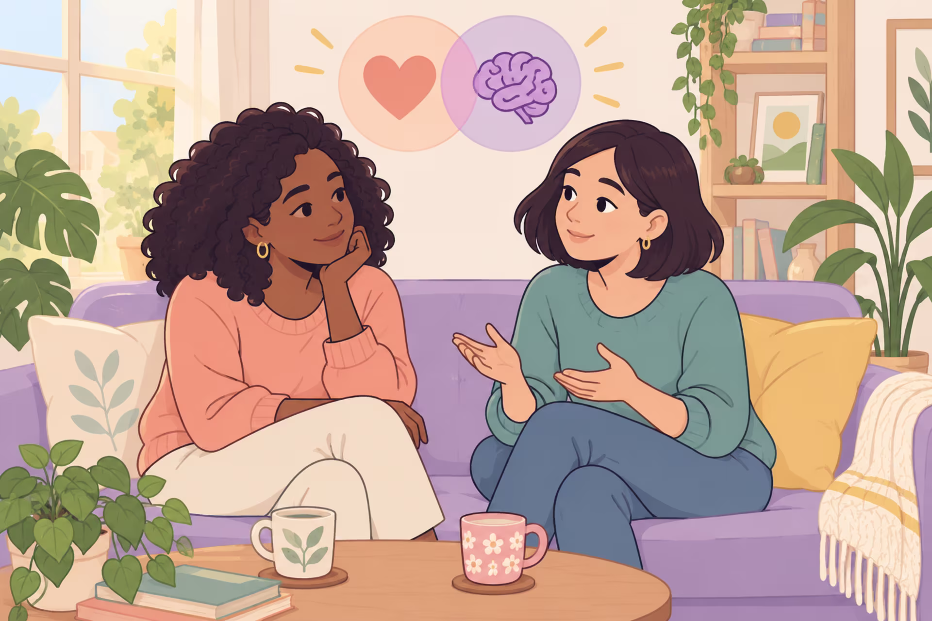 Two women sit on a lavender sofa talking, with overlapping heart and brain icons above them for warm empathy and cognitive perspective taking.