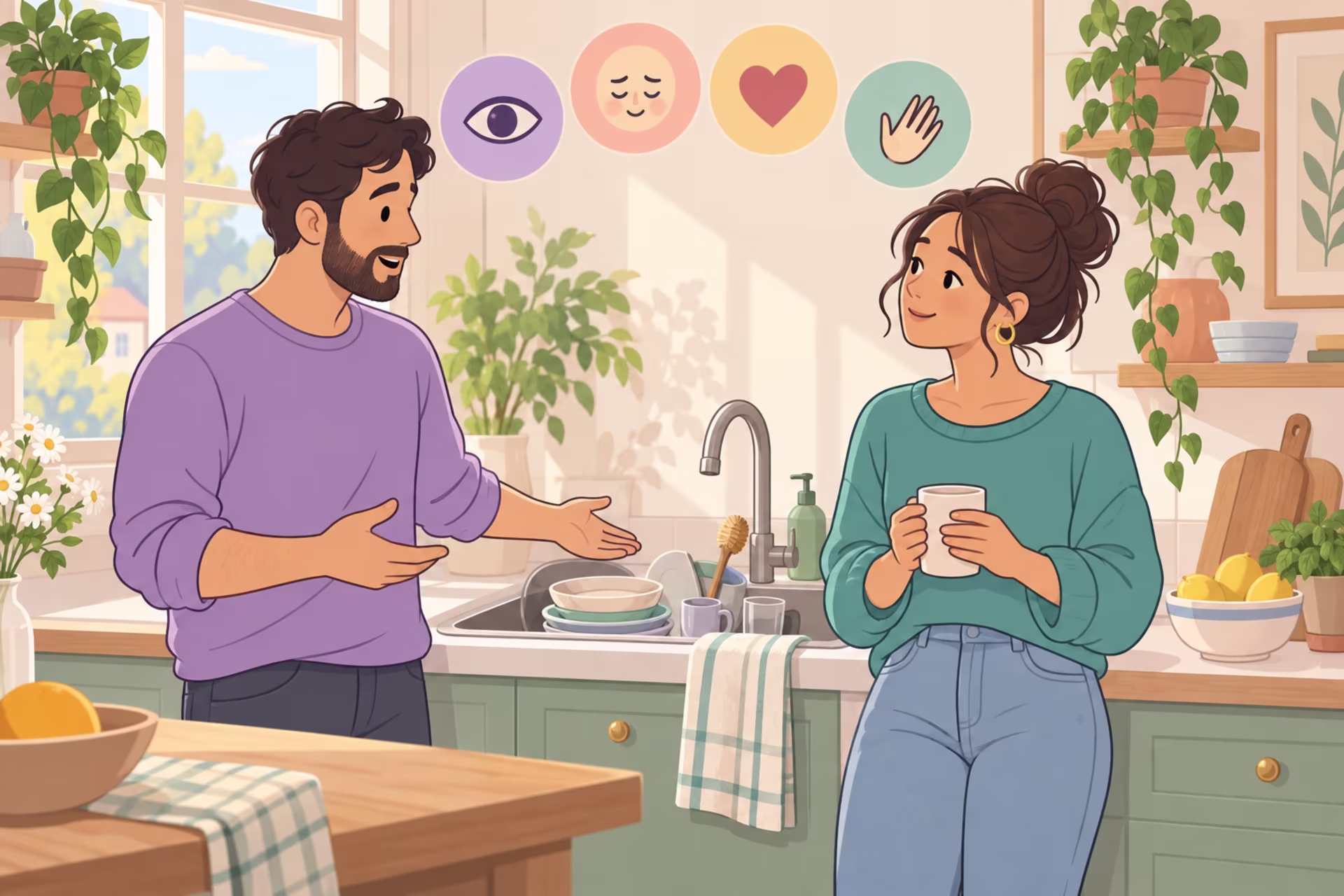 A man and a woman talk beside a kitchen sink of dishes, with icons for observation, feeling, need, and request above them.