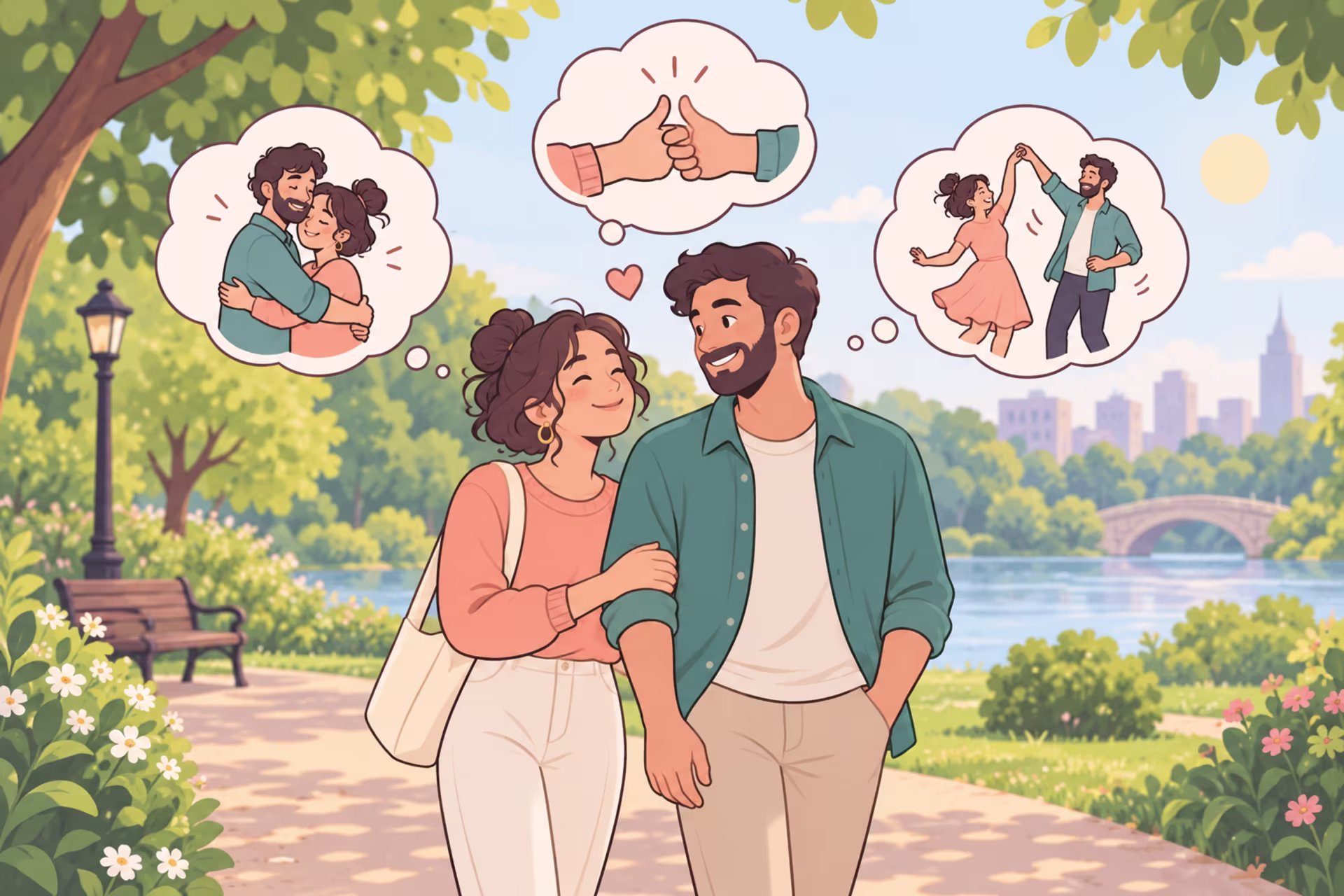 A couple walks arm-in-arm through a sunny park, picturing a hug, holding hands, and dancing as different ways to meet a need for affection.
