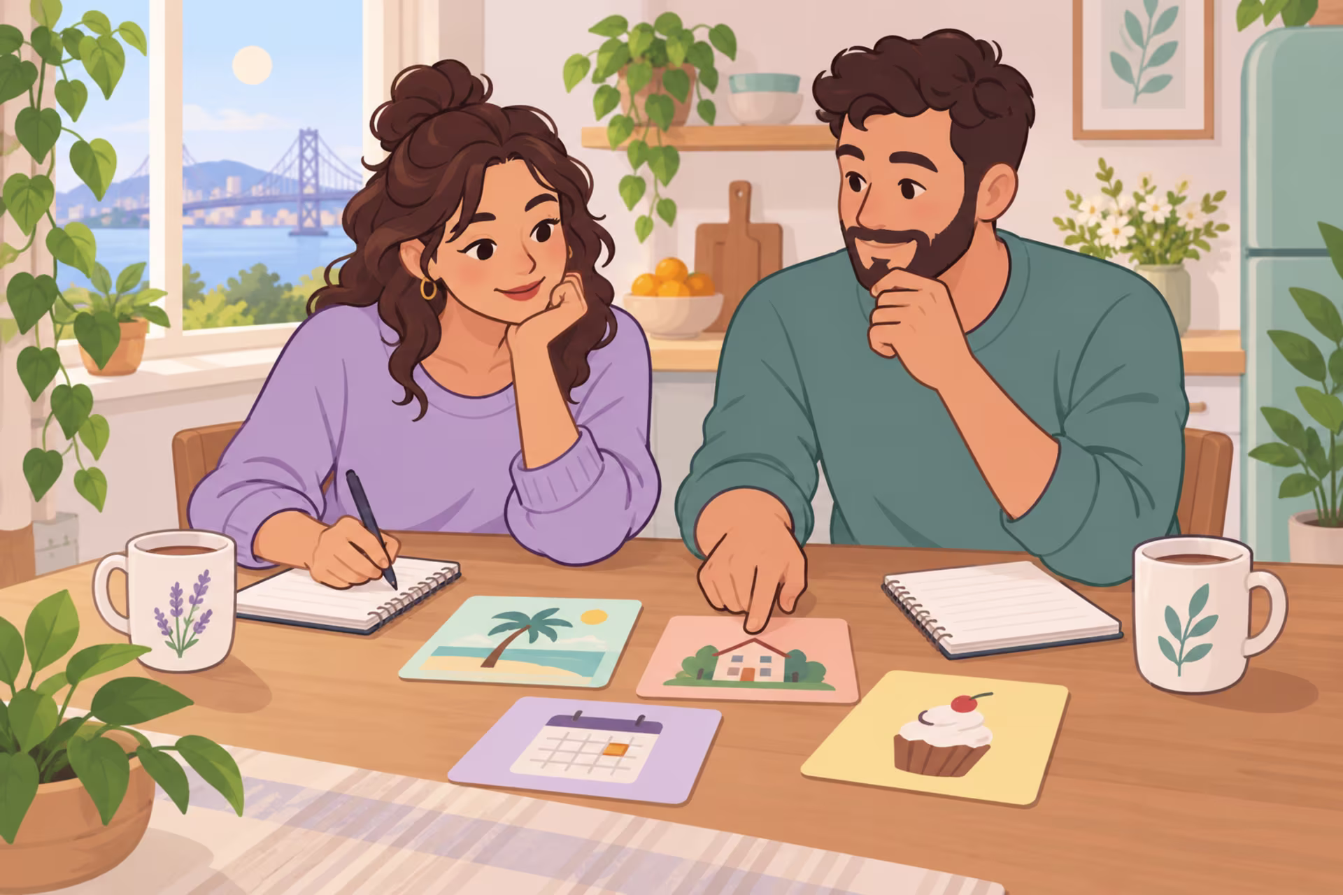 A couple sits at a kitchen table with notebooks, coffee, and cards showing a beach, a house, a calendar, and a cupcake while they negotiate plans.