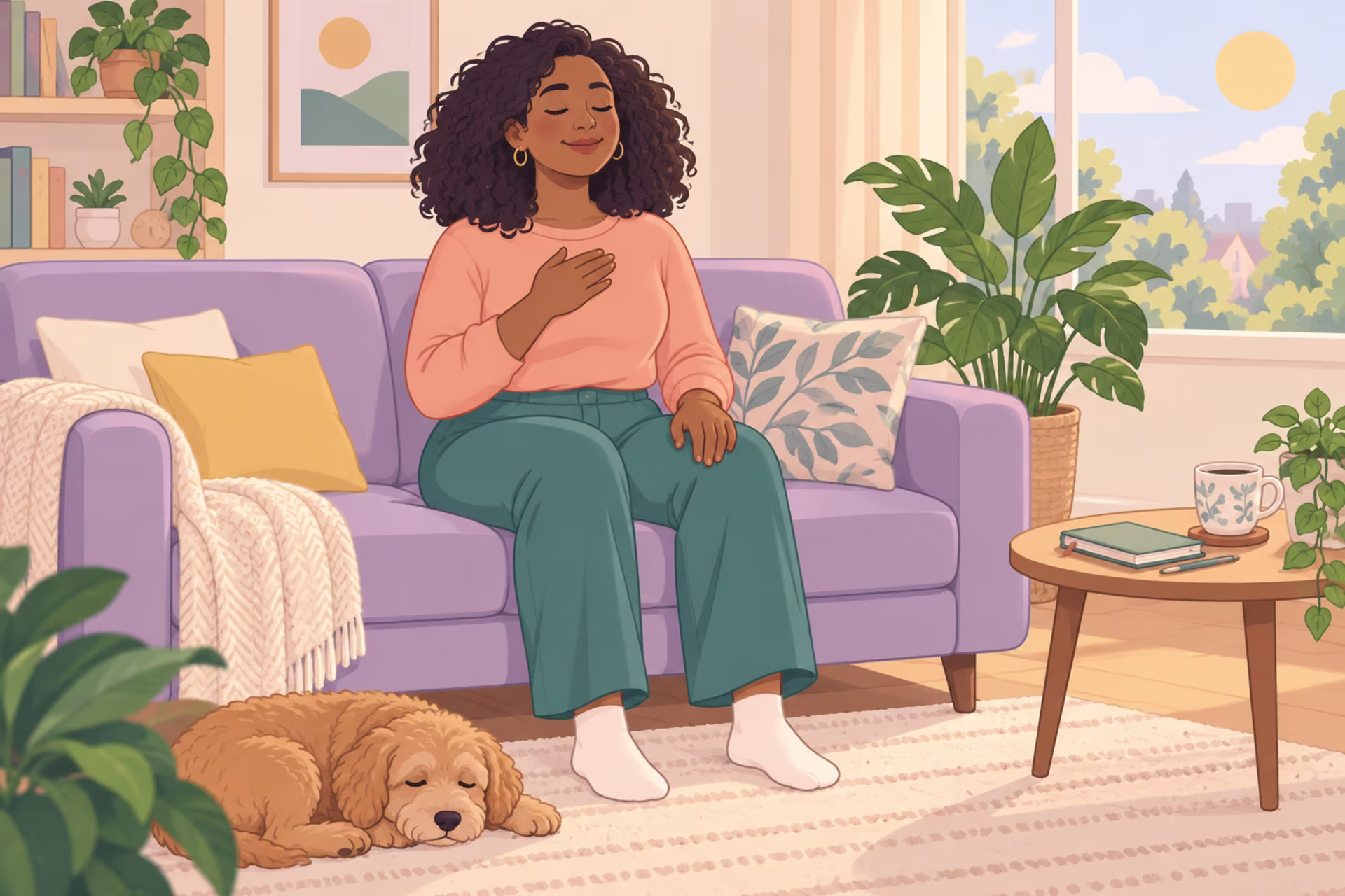 A woman sits on a lavender sofa with eyes closed and a hand on her heart, practicing self-compassion while a golden doodle sleeps on the rug.