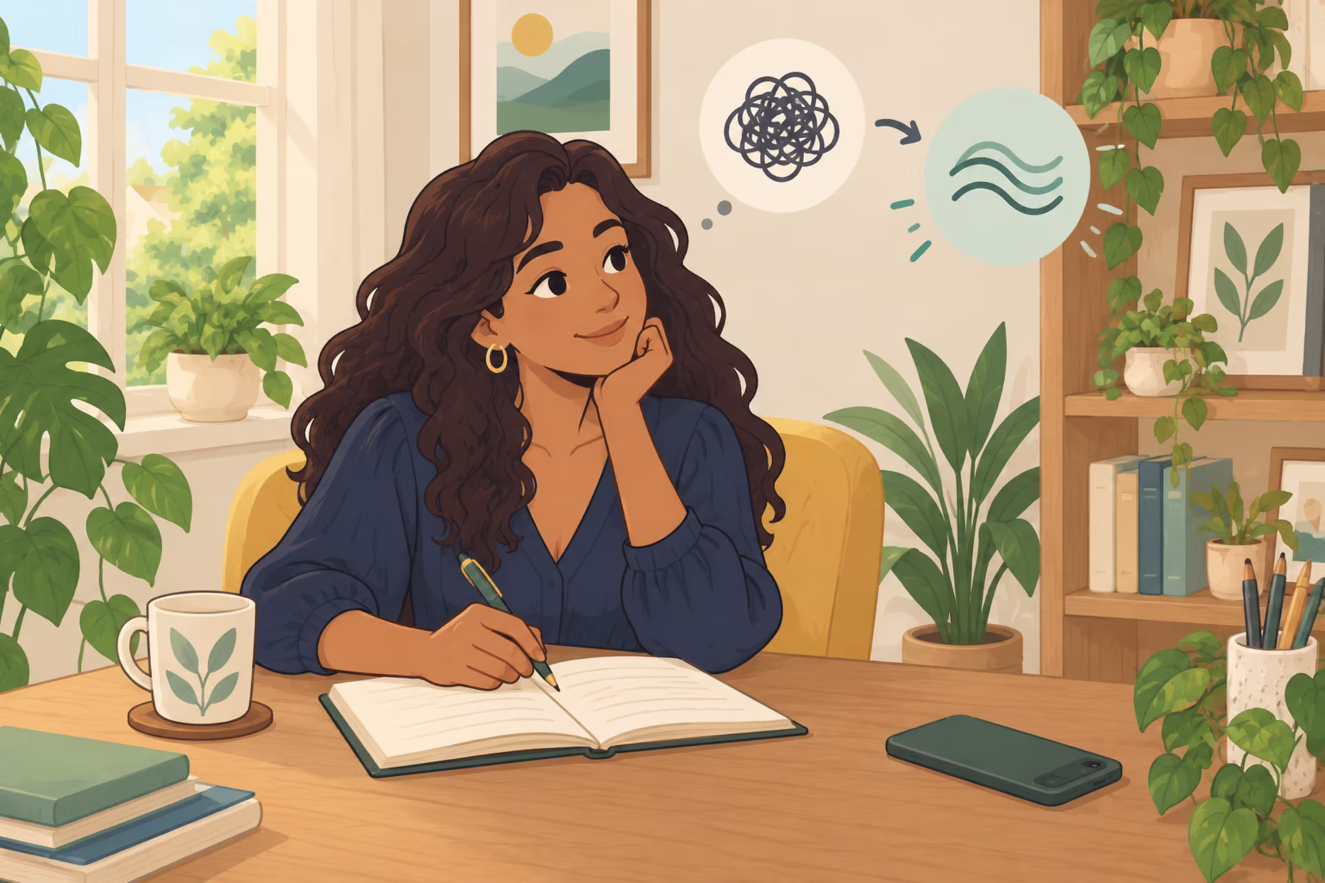Woman examining automatic thoughts and writing a more balanced interpretation.