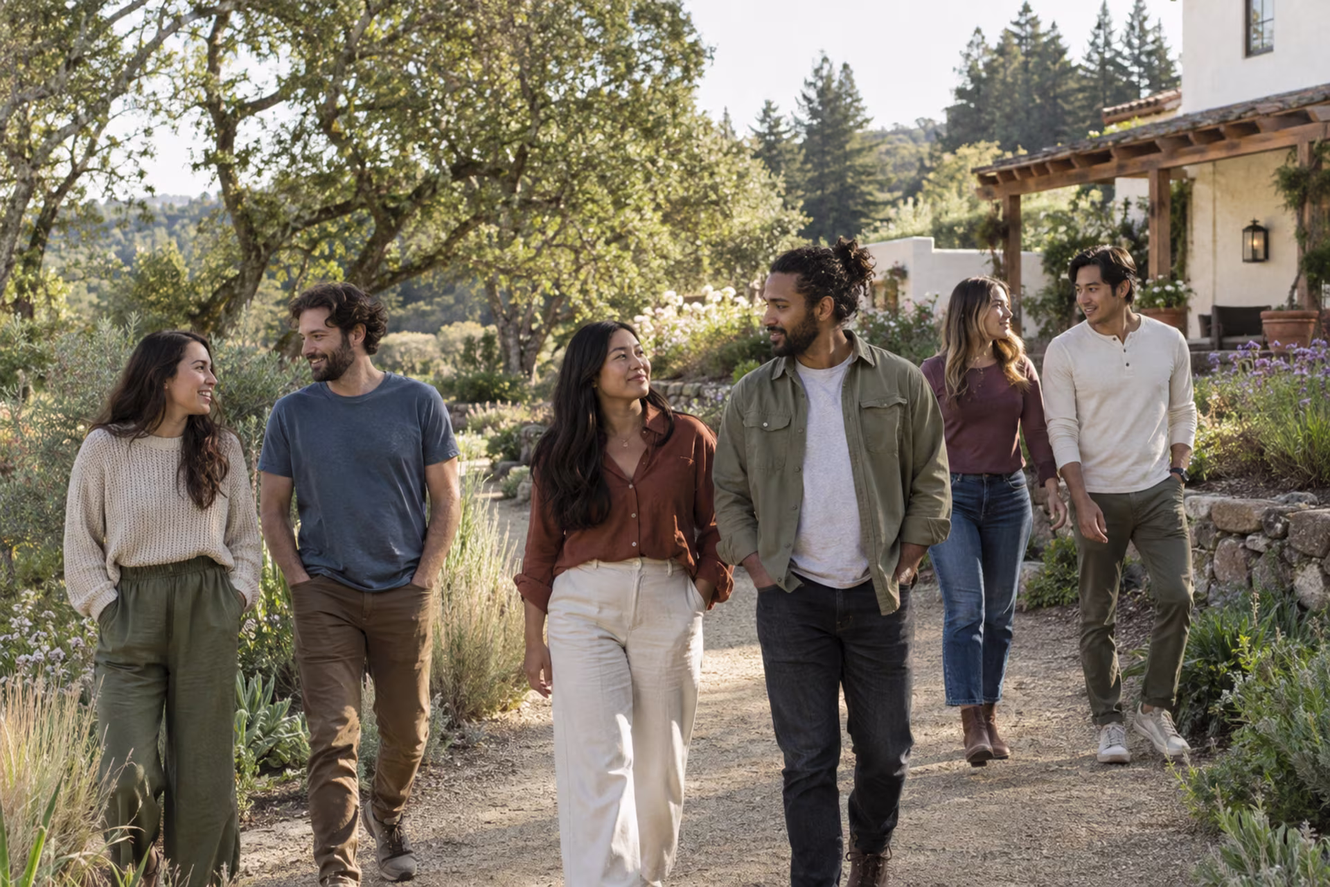 Six adults walk and talk along a sunlit garden path at a California emotional healing retreat, with a stucco lodge behind them.