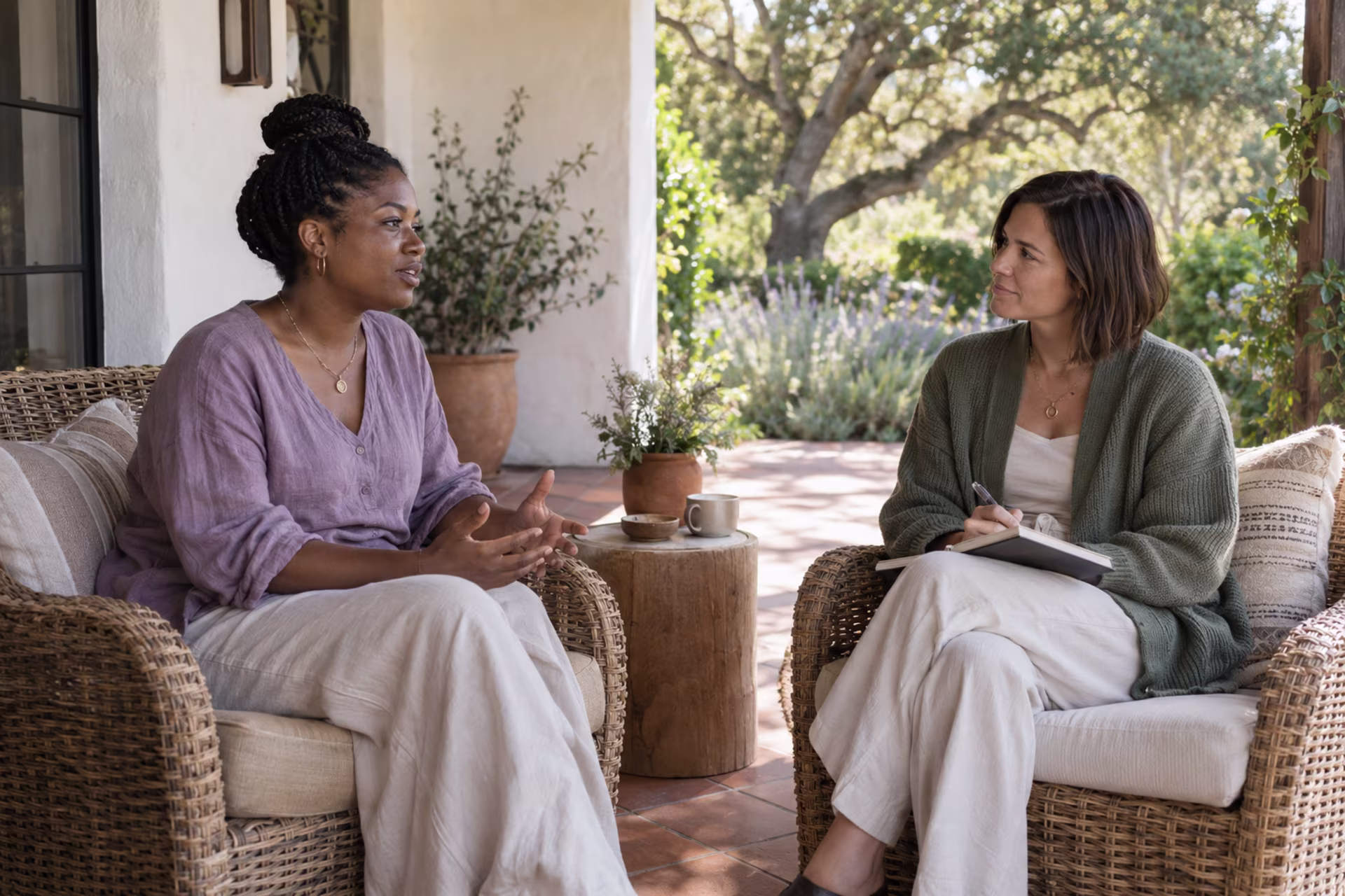 A licensed therapist takes notes while a client talks on a sunlit patio during individual therapy at a <a href=