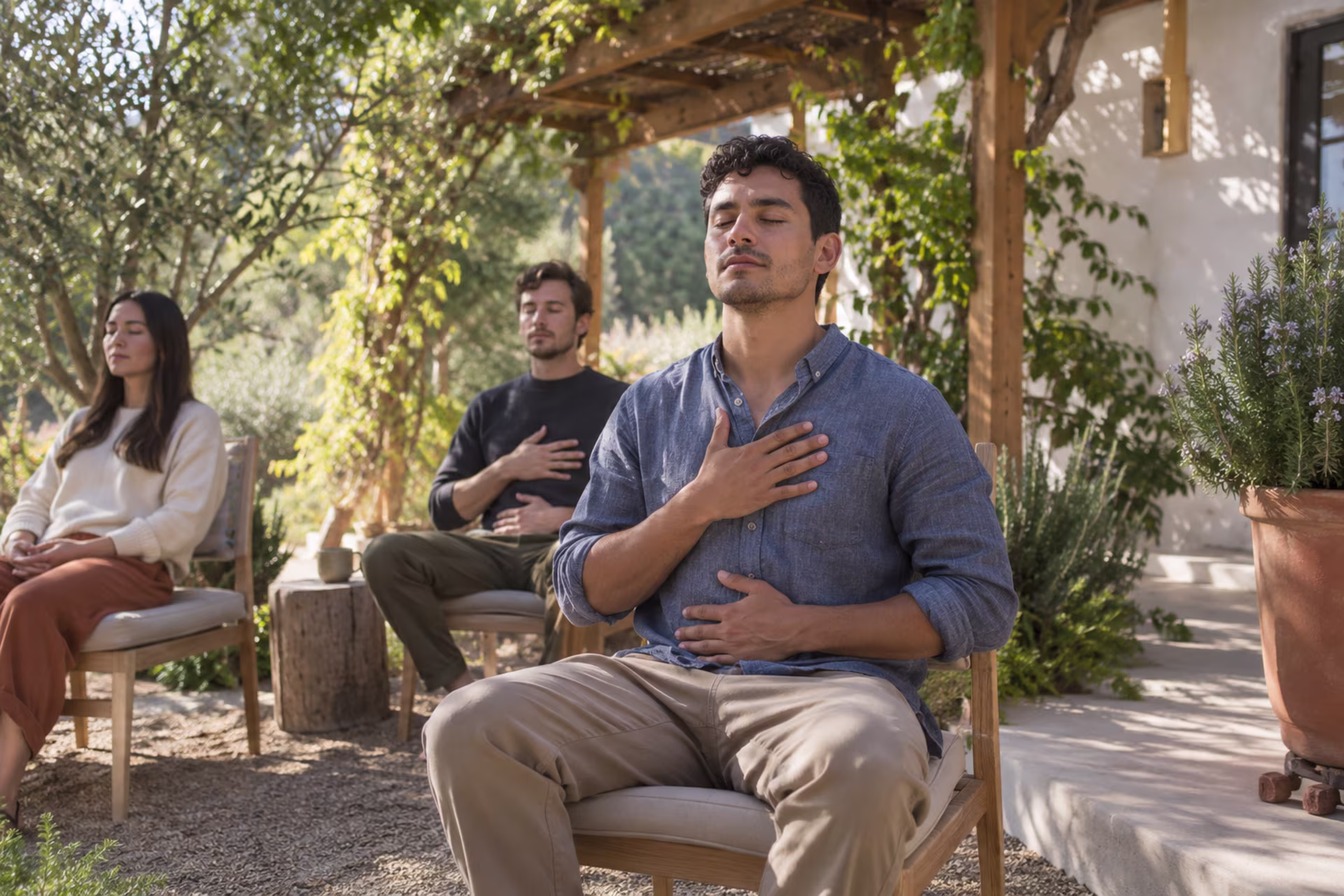 Three people sit with eyes closed and hands on their chests during a guided meditation session at a meditation retreat.