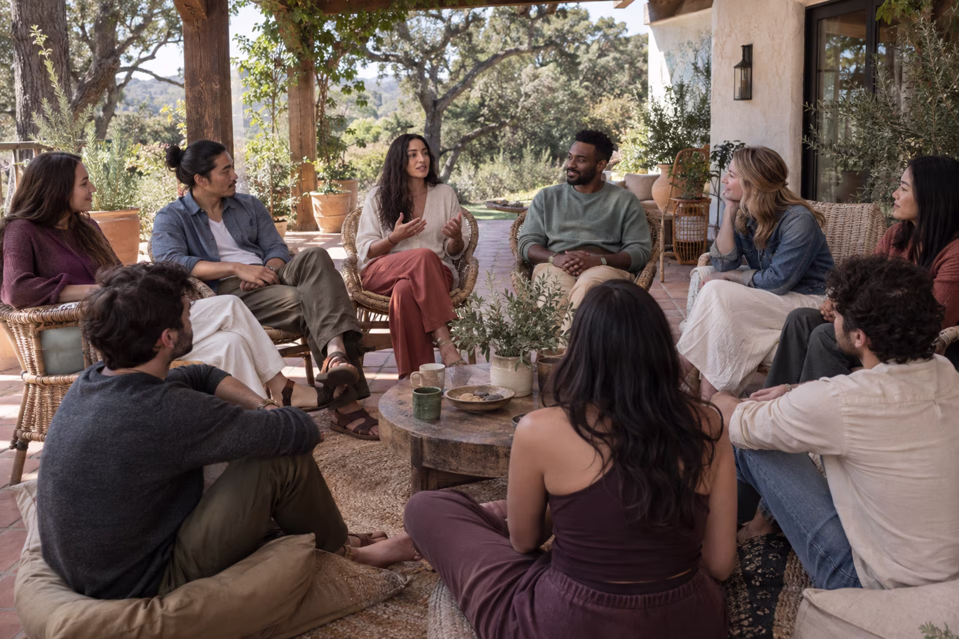 A small group sits in a circle on a covered terrace for group therapy at an emotional healing retreat.