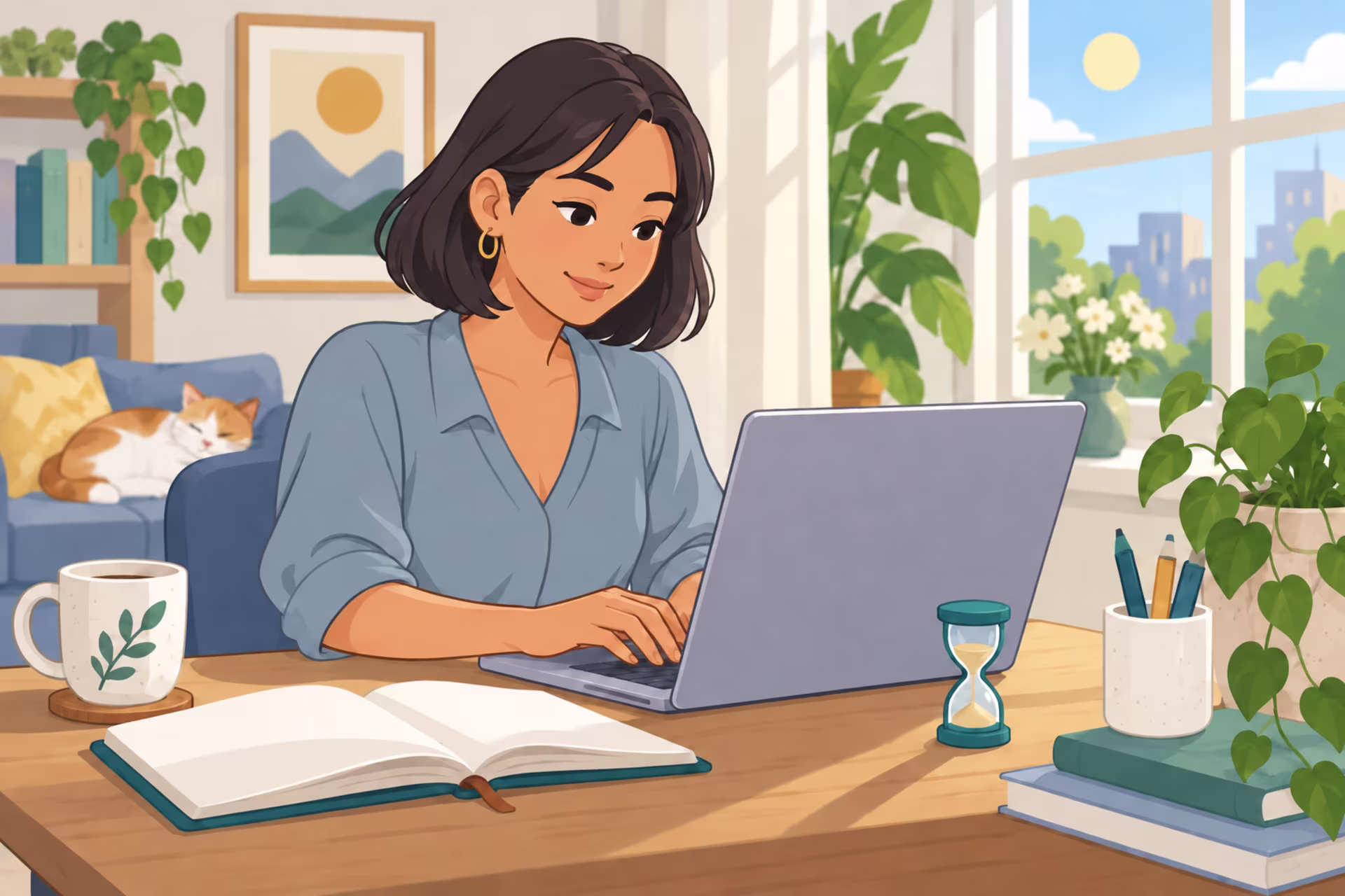 A woman in a peach shirt types on a laptop at a wooden desk with an hourglass, an open notebook, and a sleeping cat on the sofa behind her.