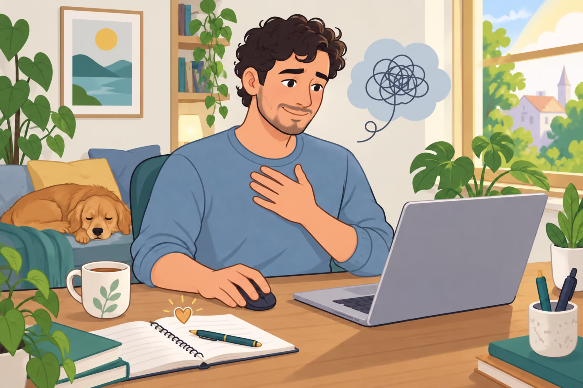 A man in a purple sweater sits at a laptop with one hand on his chest and a tangled-scribble thought bubble, noticing the feeling in his body.