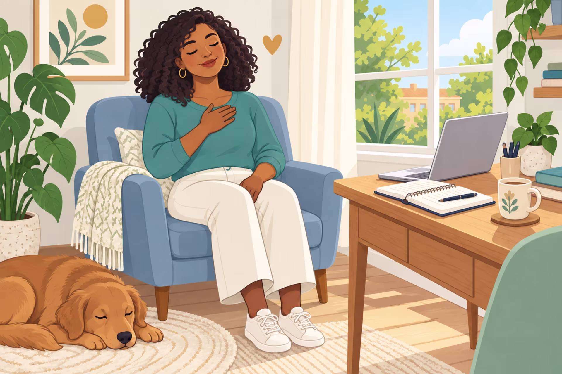 A woman sits in a lavender armchair with her eyes closed and a hand on her heart, practicing self-compassion while a golden retriever sleeps on the rug.