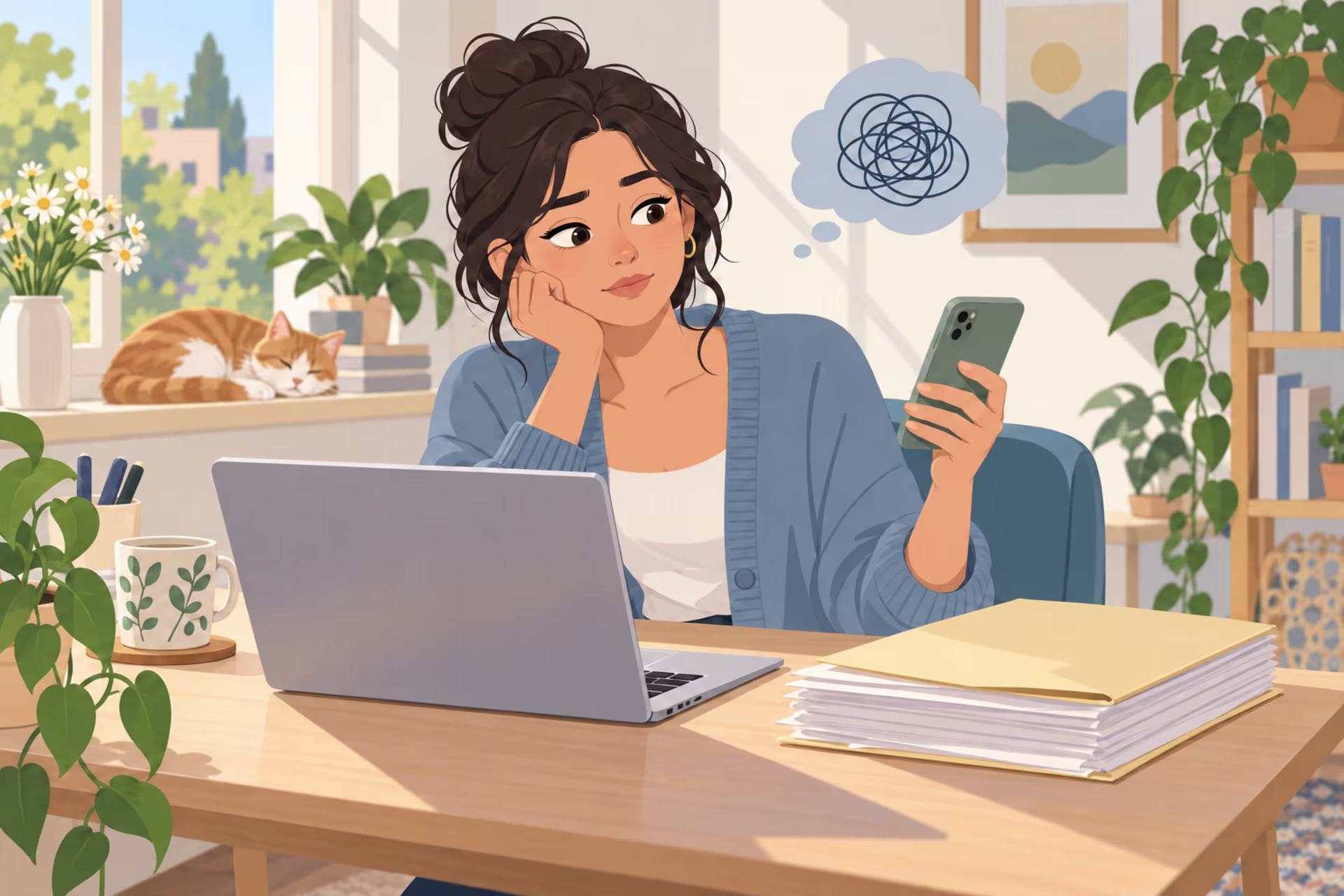A woman in a purple cardigan sits at a sunny desk with a laptop and a stack of files, looking at her phone with a tangled-scribble thought bubble while a cat sleeps on the windowsill.
