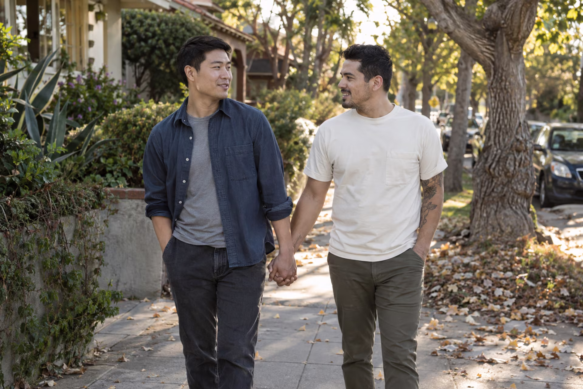 Two men hold hands and smile at each other while walking on a tree-lined sidewalk with autumn leaves.