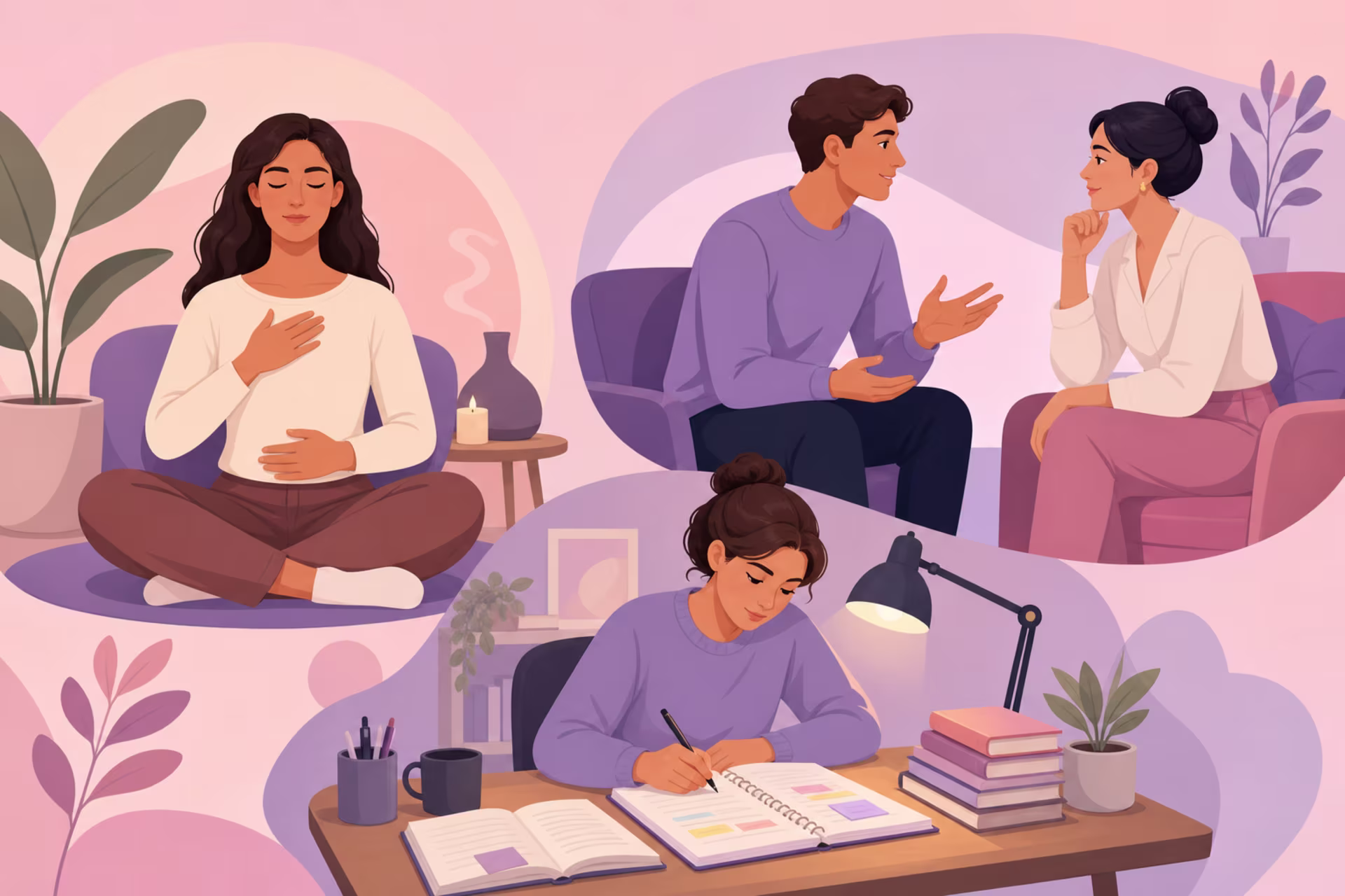 An illustration depicting everyday applications of psychology in various aspects of life, including communication and stress management.
