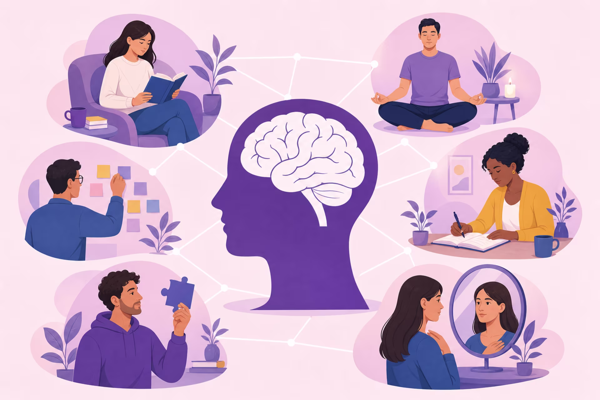 An illustration representing the basics of psychology, showcasing various aspects of human behavior and mental processes.