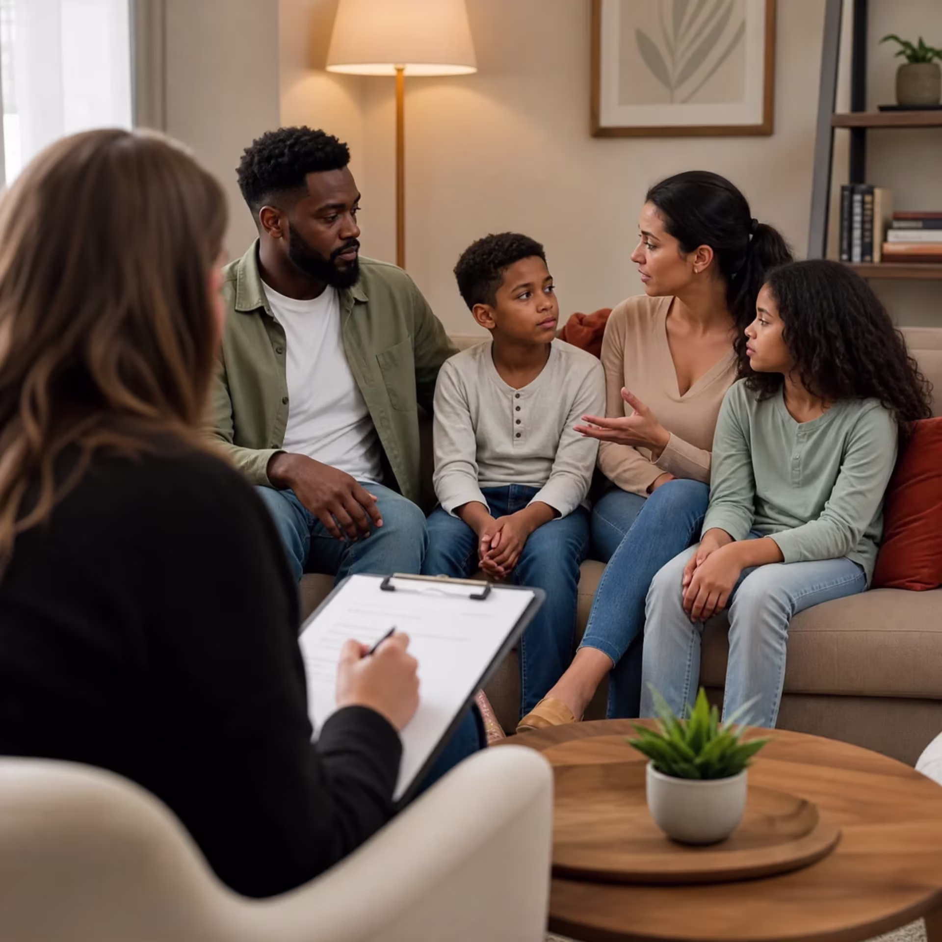 Diverse family in San Francisco family therapy session while therapist takes clinical notes
