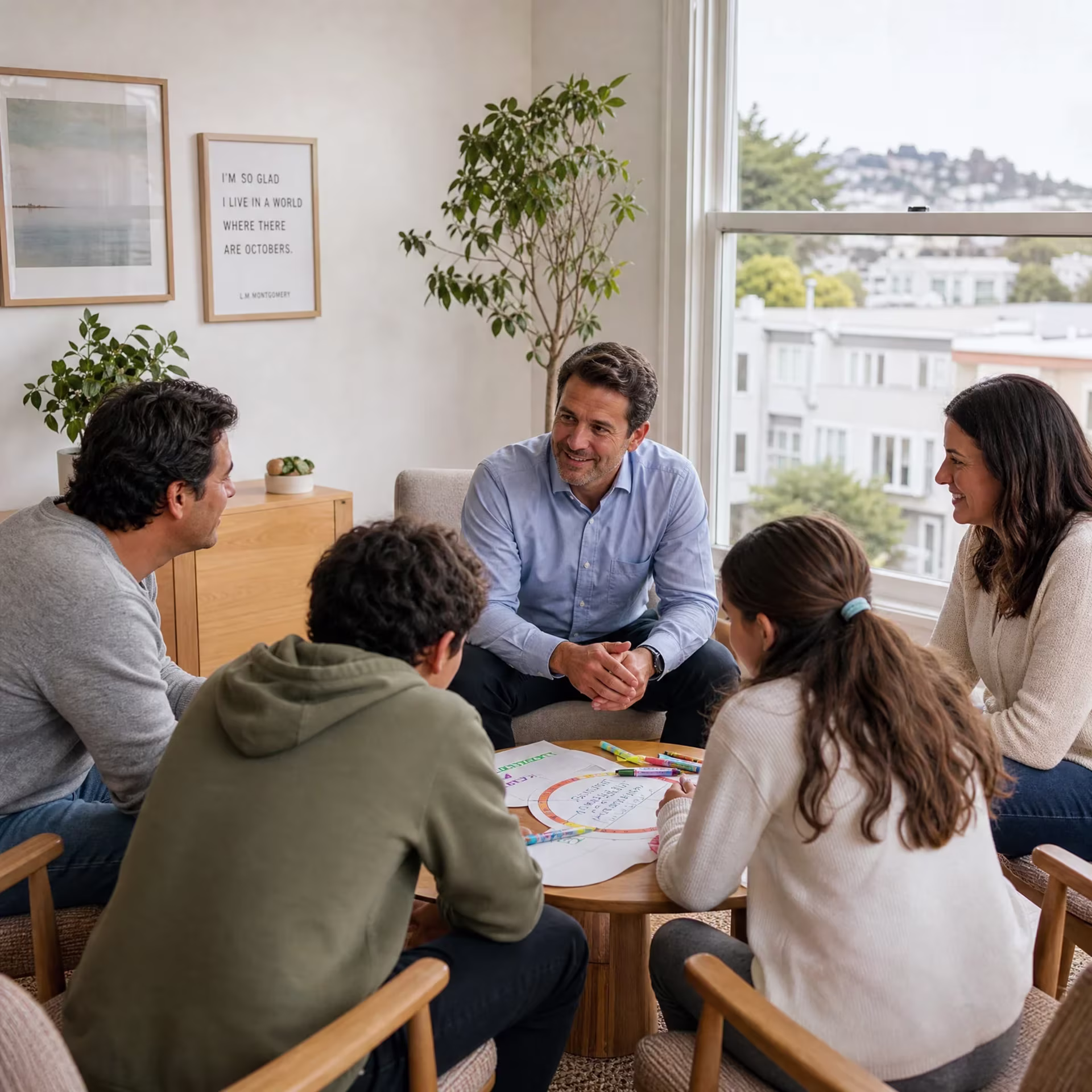 San Francisco family therapist coaching parents and children in a collaborative session