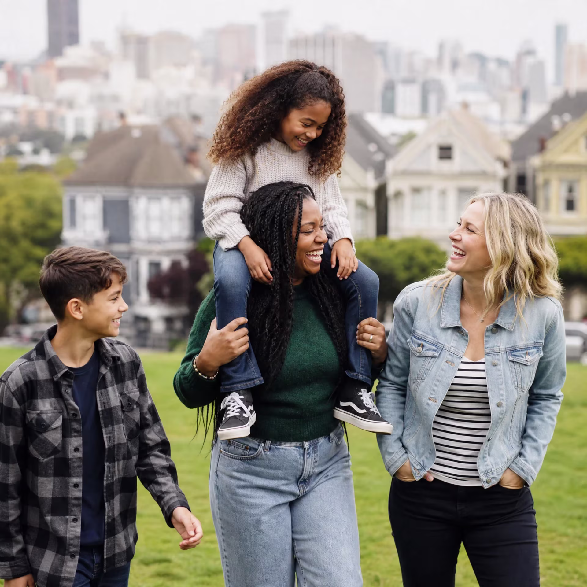 Diverse, inclusive family enjoying time outdoors after family counseling in San Francisco