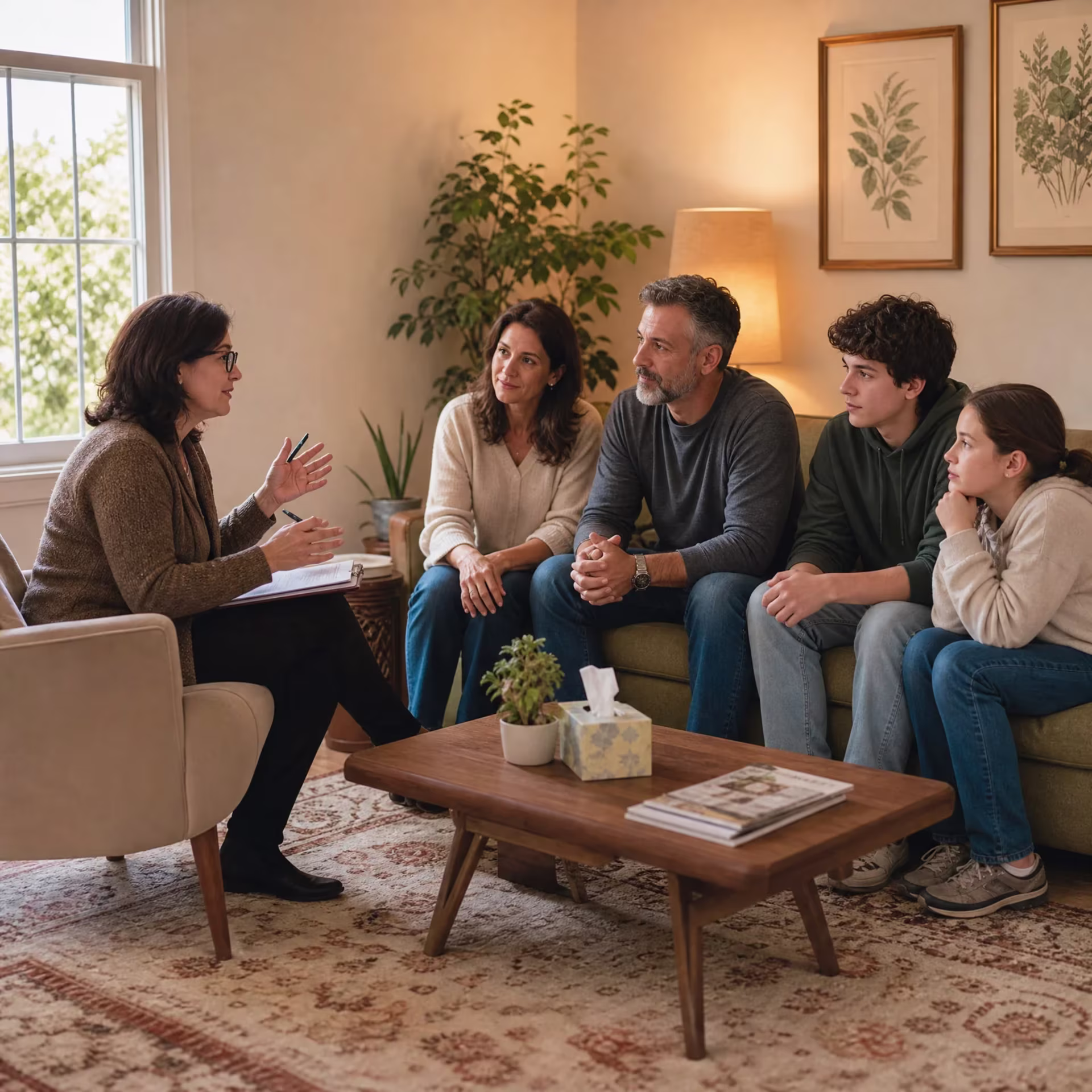 San Francisco family counselor facilitating a warm family therapy session in office