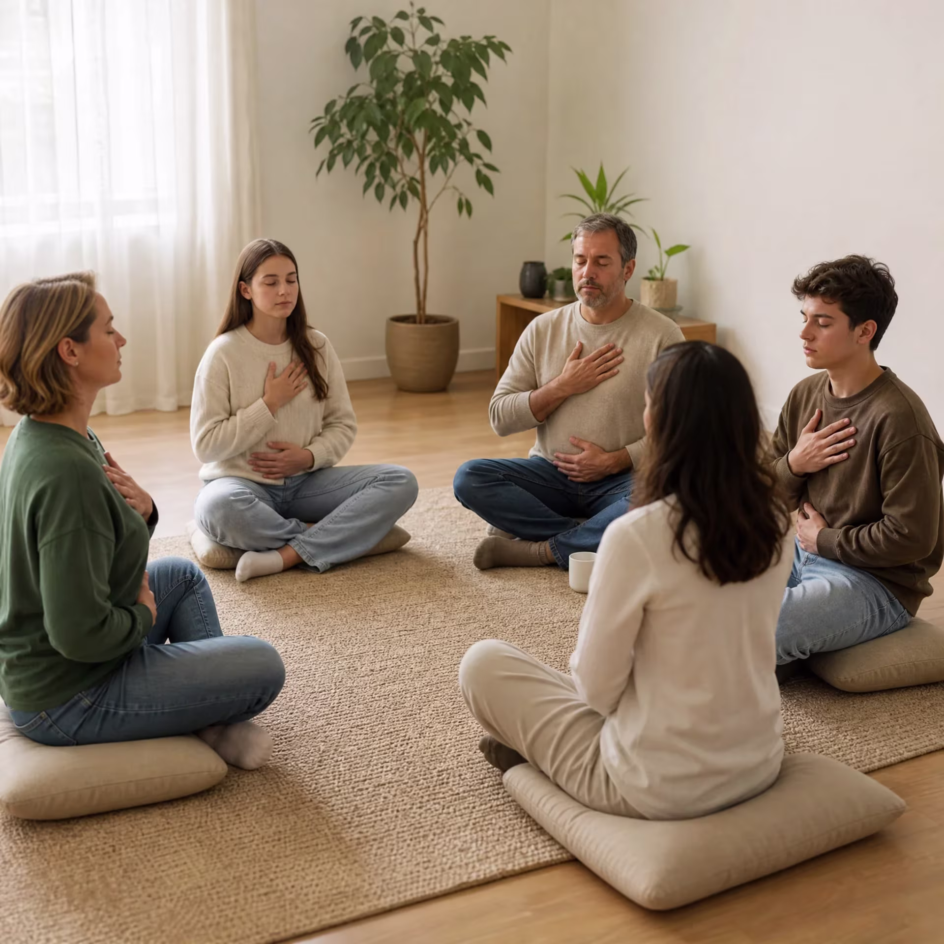 Parents and teenagers practicing somatic co-regulation in family therapy in San Francisco