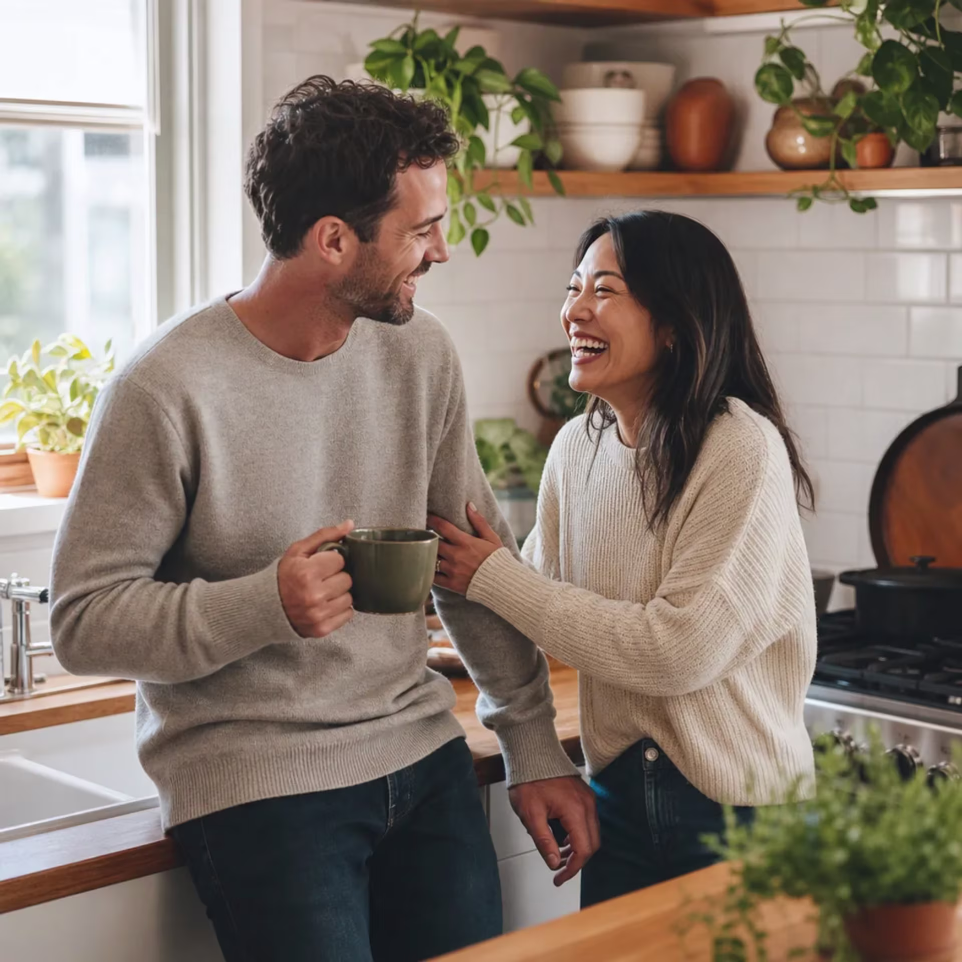 Couple laughing together at home after San Francisco sex counseling — sex counselors in San Francisco near me
