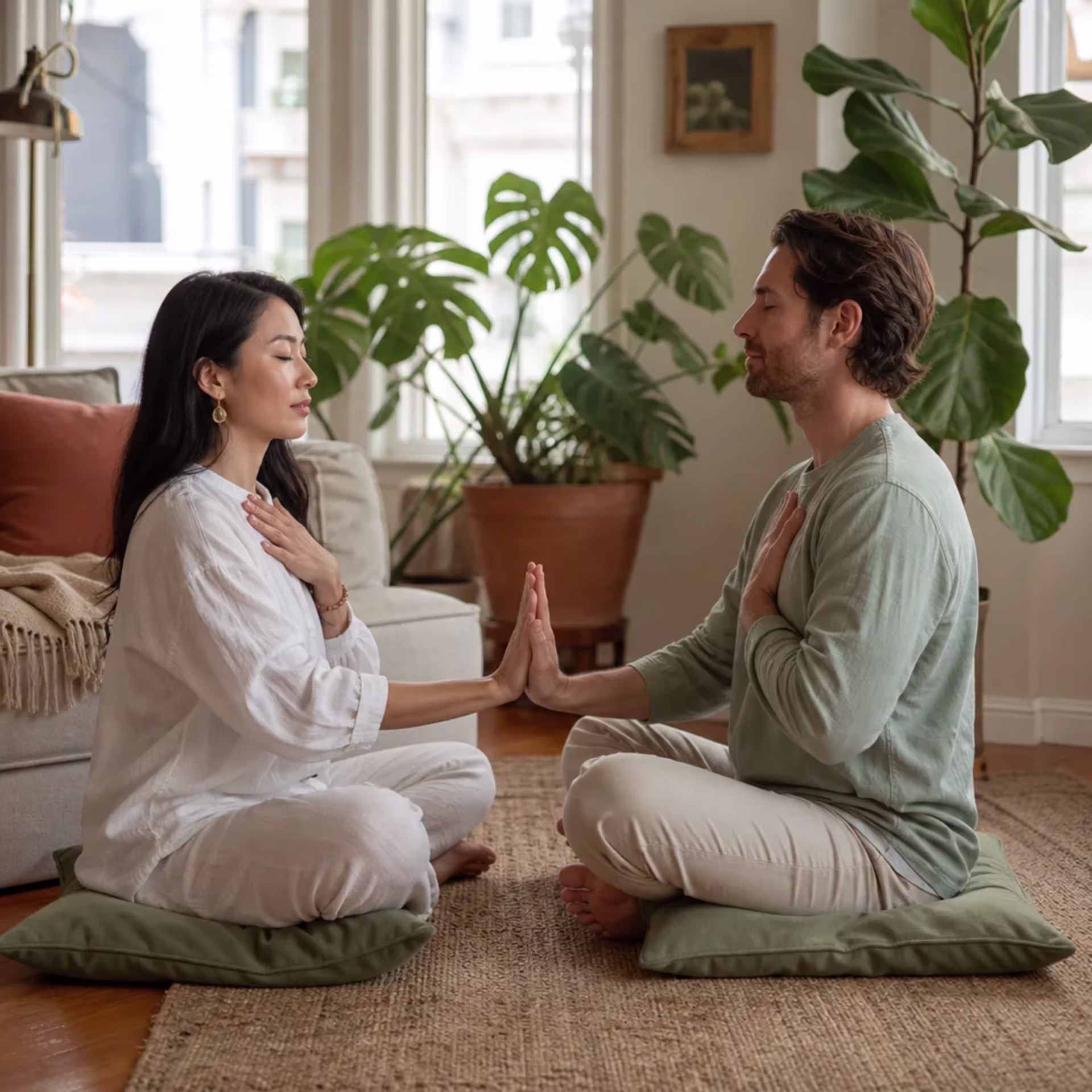 Couple practicing somatic grounding taught by a somatic sex therapist in San Francisco — somatic sex therapy San Francisco near me