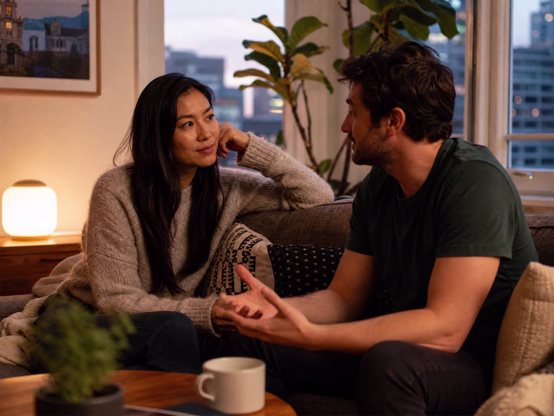 Couple in supportive conversation after bipolar therapy near me in San Francisco, CA