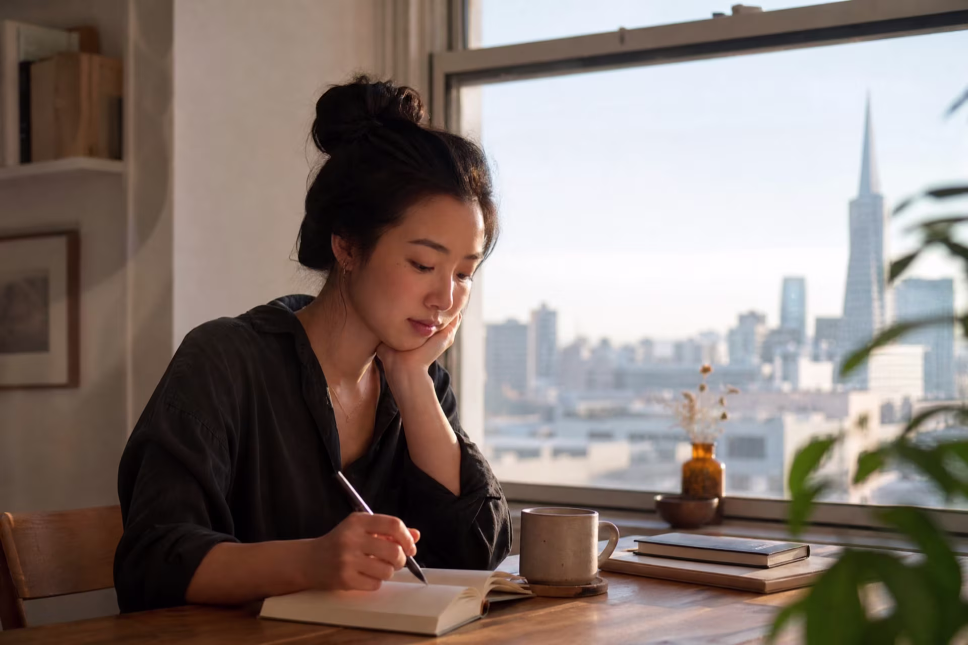 Person journaling in San Francisco apartment, depression therapy