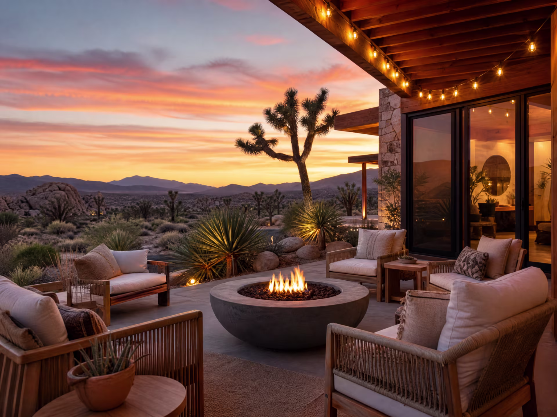 Wellness retreat outdoor patio in Joshua Tree with desert sunset