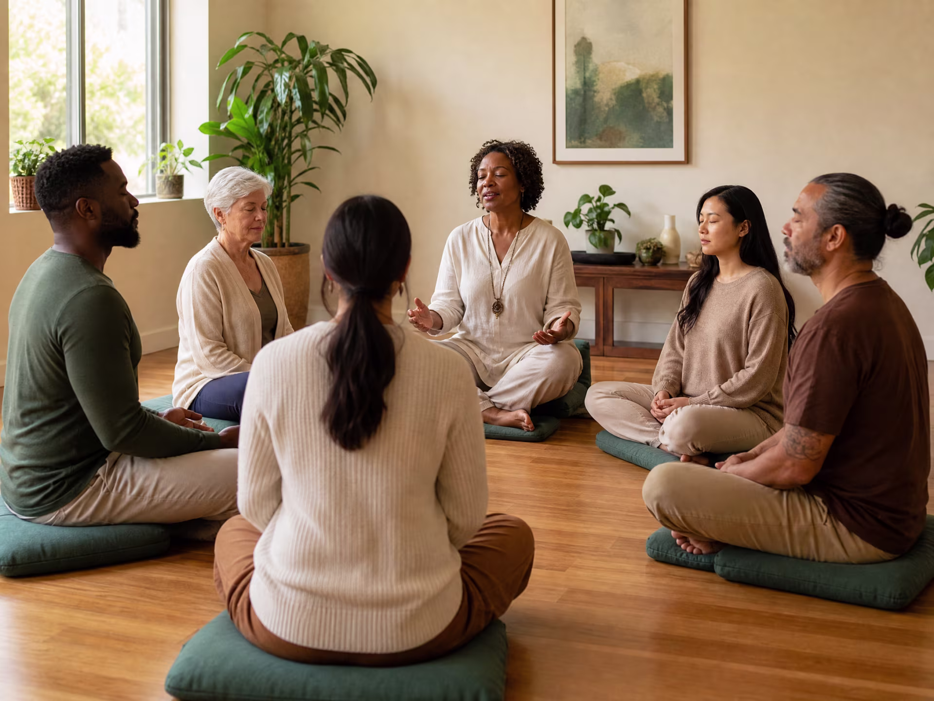Group mindfulness meditation session in San Francisco therapy office near me in San Francisco, CA
