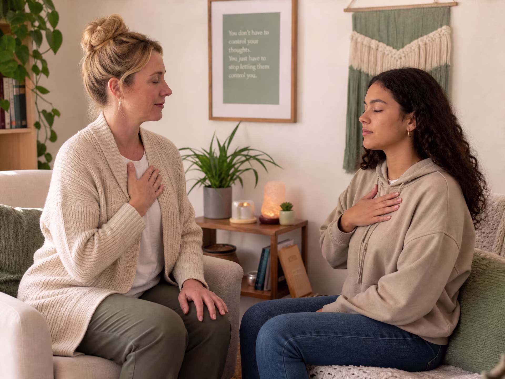 Mindfulness therapist teaching breathing techniques to client near me in San Francisco, CA