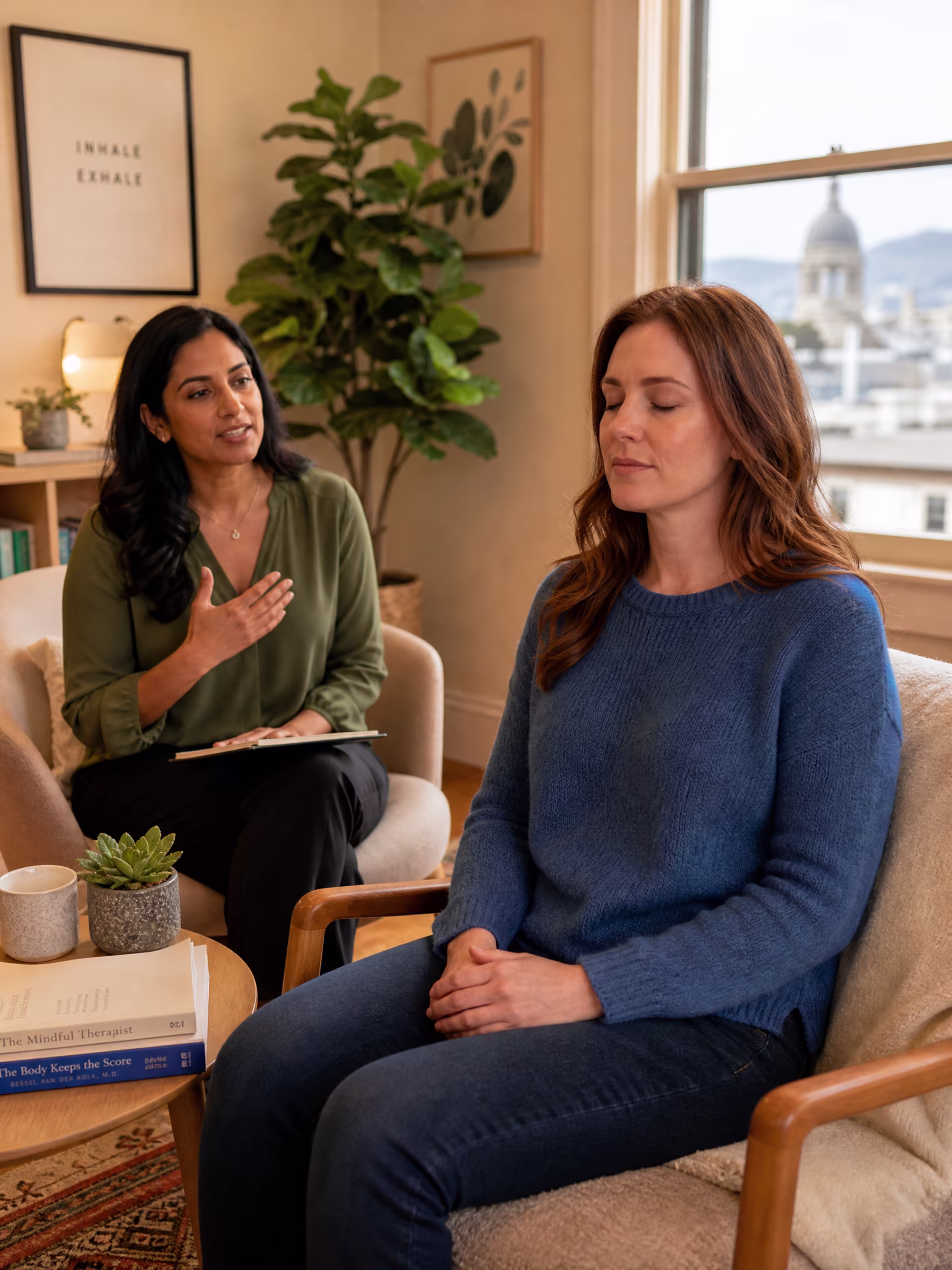 Mindfulness therapist guiding a client through meditation in San Francisco near me in San Francisco, CA
