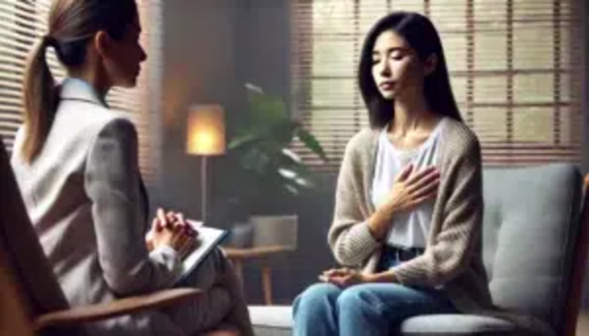 A woman sits on a couch with her hand on her chest, eyes closed, while a San Francisco PE therapist with a clipboard listens attentively. The room, designed for Effective Strategies of PE Therapy for PTSD Treatment, has soft lighting and a calming atmosphere with plants and blinds.