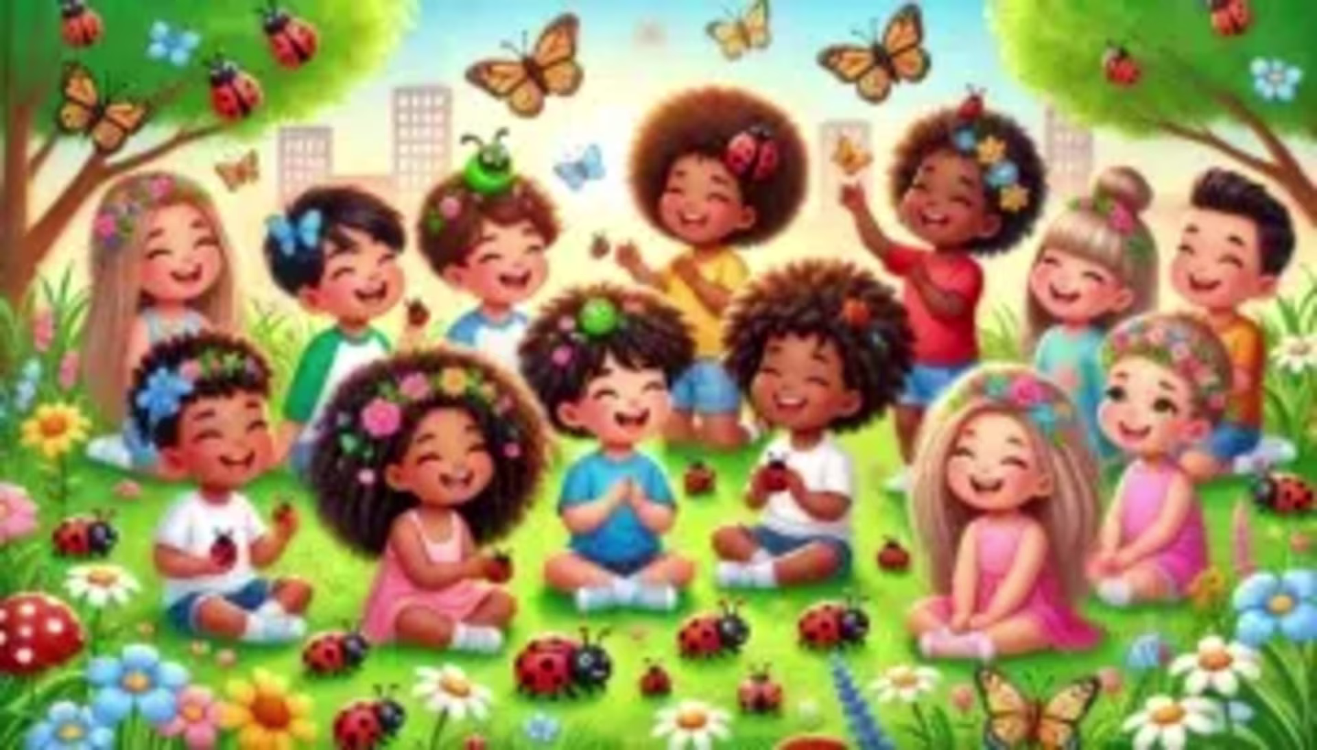 A diverse group of children sitting on grass in a park, surrounded by flowers, ladybugs, butterflies, and other insects, smiles and plays bravely under a clear sky with buildings in the background, perhaps discovering effective strategies to overcome any fear of bugs.