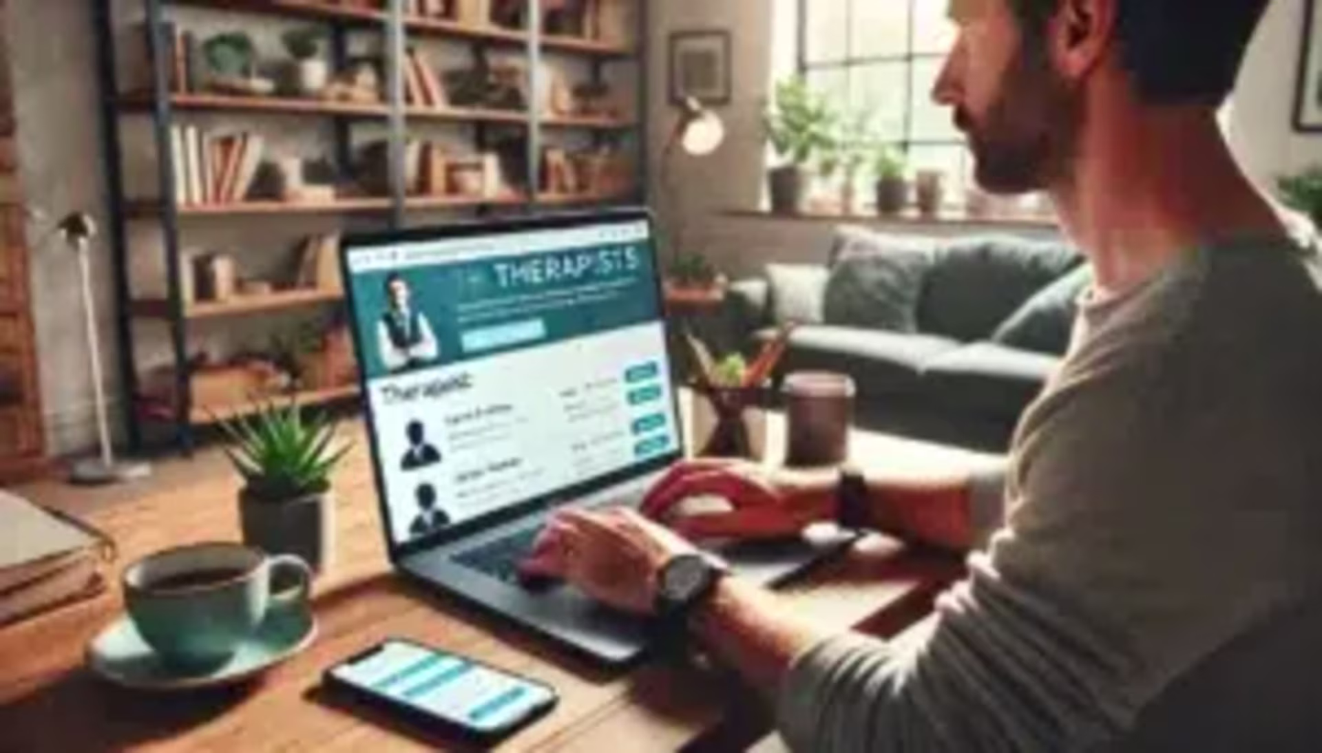 A person sits at a wooden desk with a laptop displaying a website for EMDR Therapy and searching for San Francisco EMDR therapists. A smartphone, coffee cup, notebook, and plants are also on the desk. Shelves and a sofa are visible in the background.