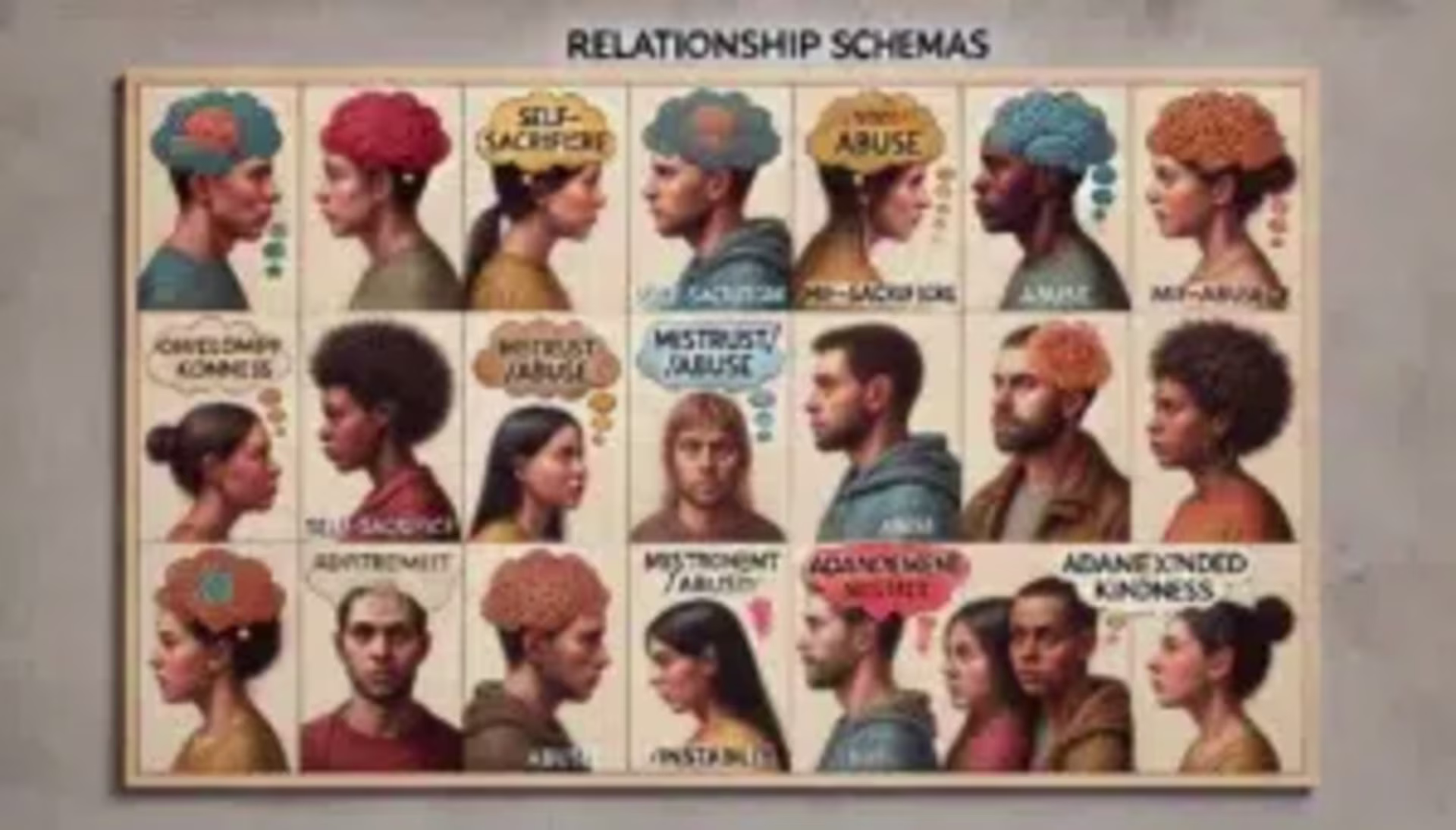 Chart titled "Relationship Schemas" depicting illustrated male and female profiles with various behavioral labels like "Self-Sacrifice Schema," "Abuse," "Adamant Kindness," and "Mistrust/Abuse.