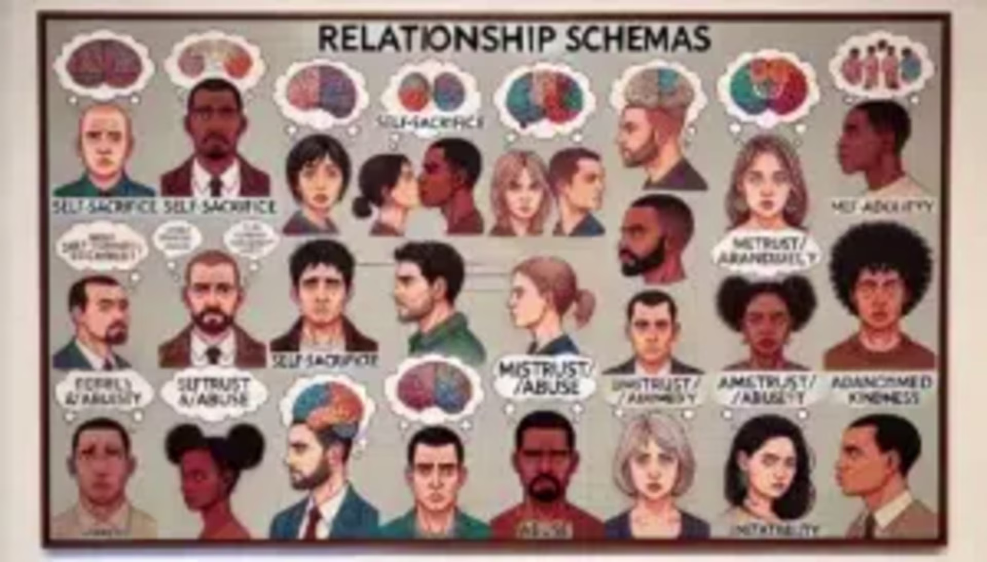 A diagram titled "Relationship Schemas" depicting various headshots and thought bubbles illustrating different dynamics such as self-sacrifice, Unrelenting Standards Schema, mistrust, abuse, and advanced kindness.