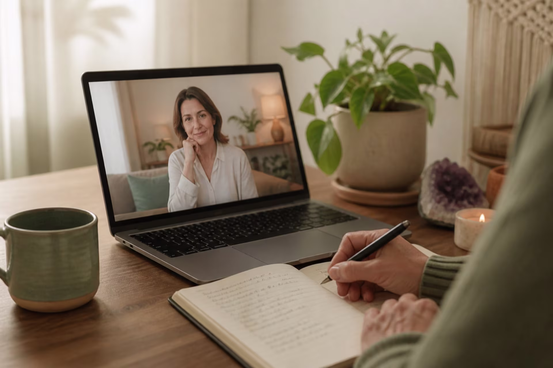 Person journaling during an online ketamine therapy integration session