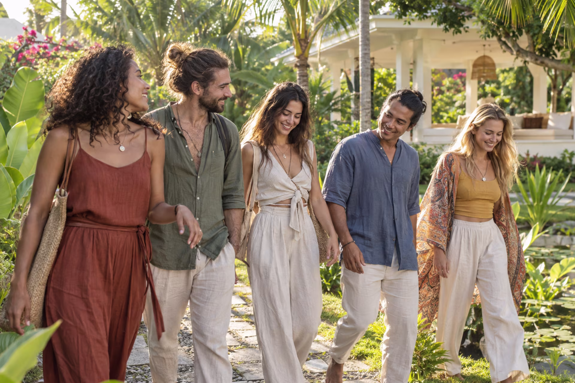 Five people walk a stone path through tropical gardens at a wellness retreat, with a pavilion and lily pond nearby.