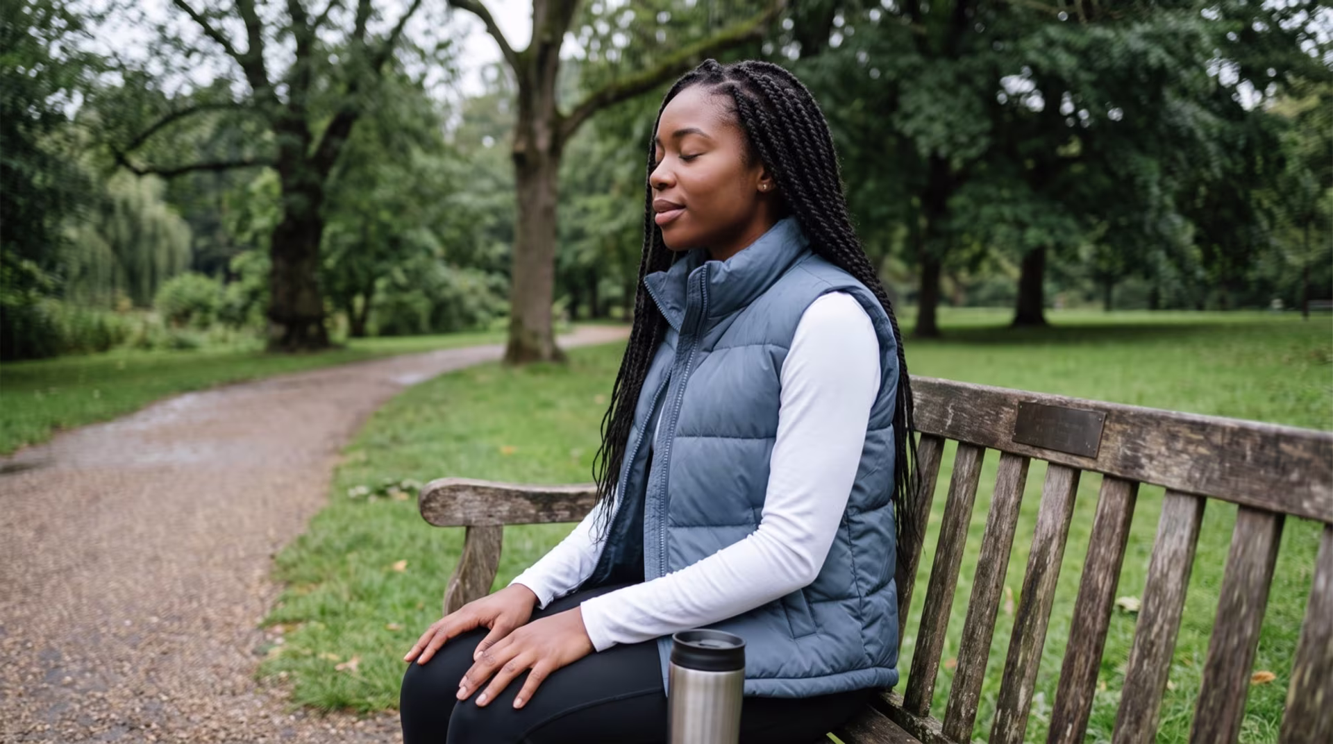 A woman resting on a park bench with a thermos, eyes closed, taking a slow breath after a walk.