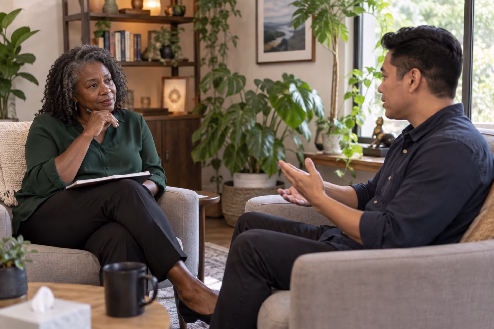 A therapist listens and takes notes while a client talks in a plant-filled office.