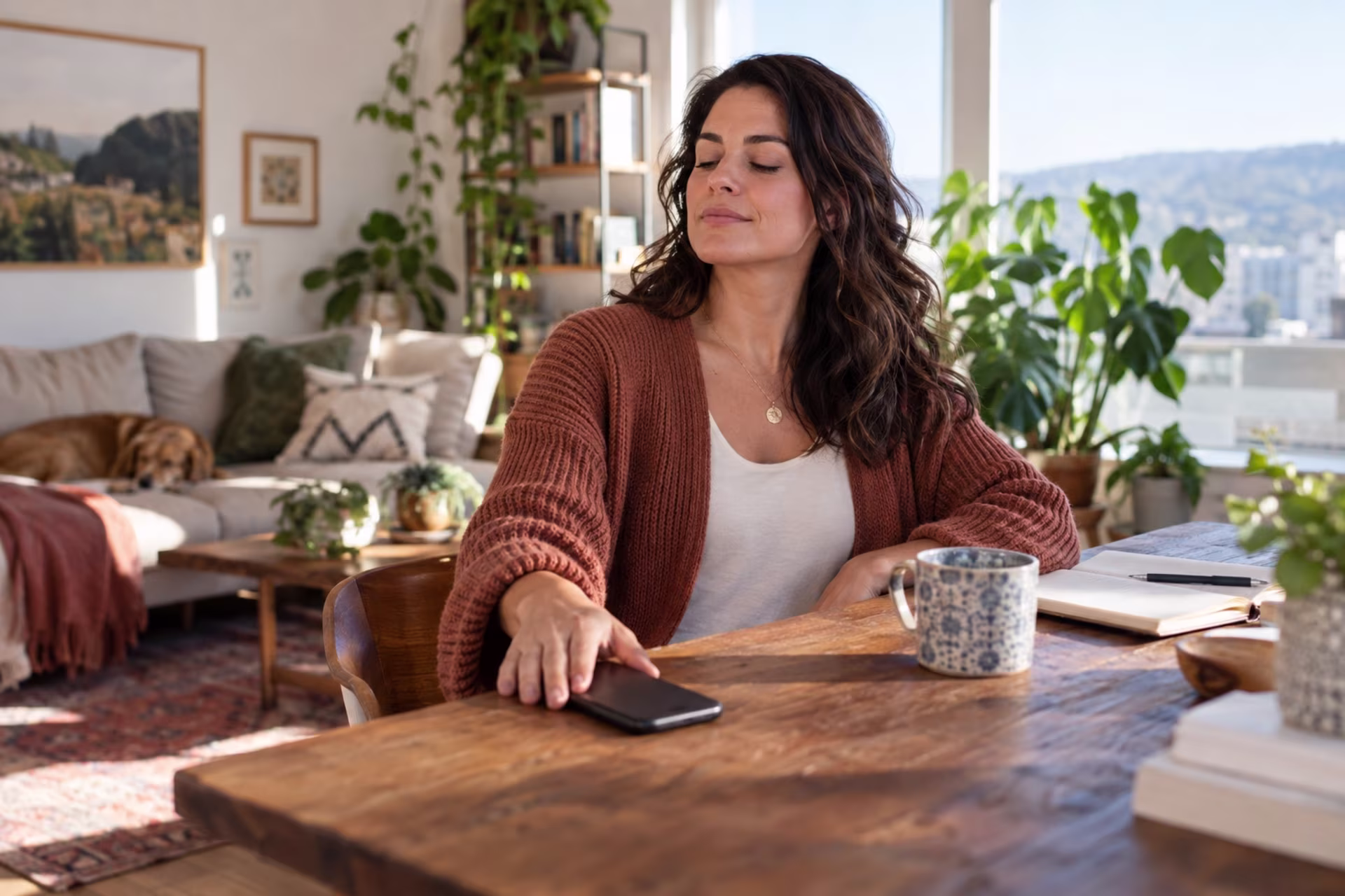 A woman sits with her eyes closed and her hand on a face-down phone.