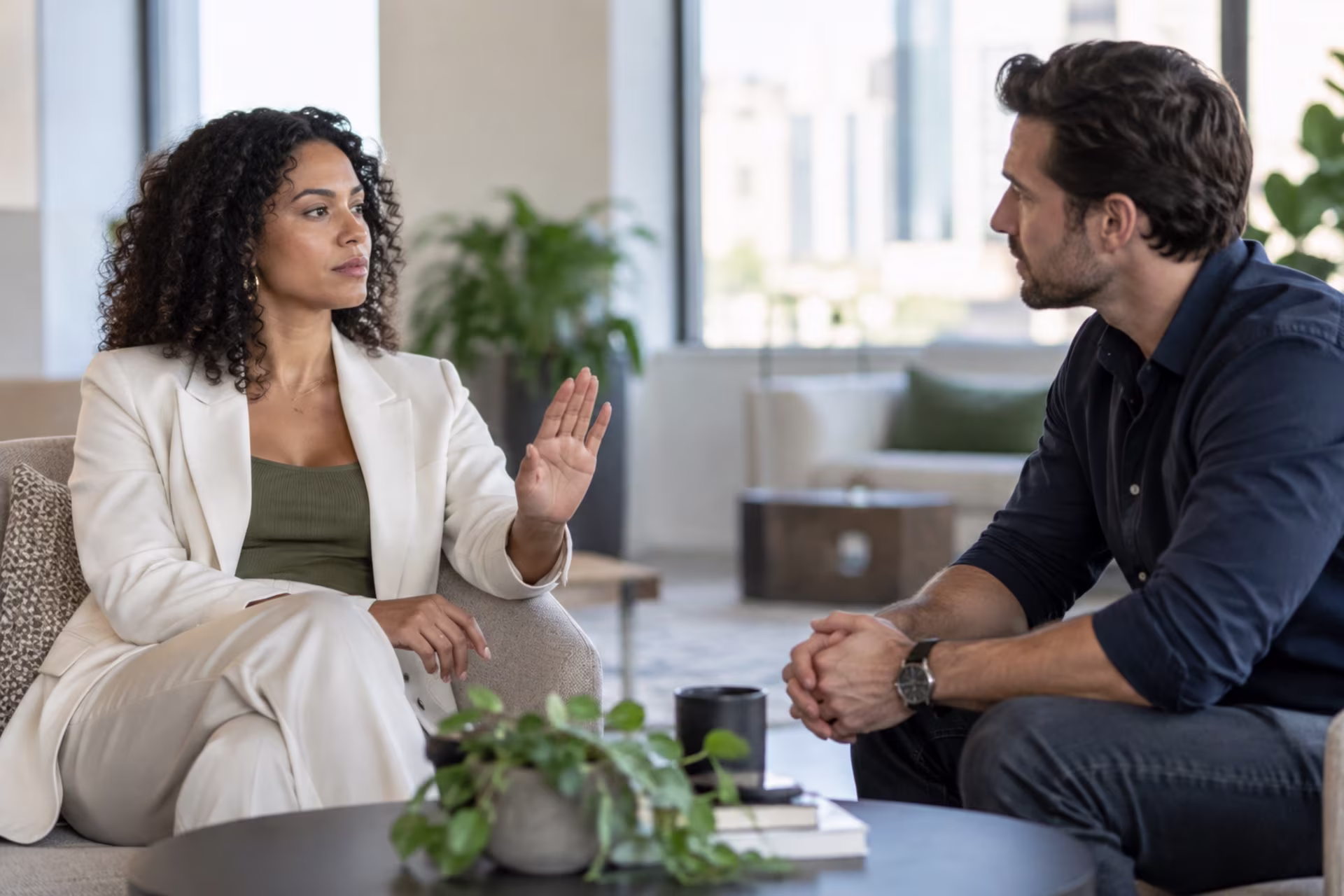 A woman raises her hand in a stop gesture while talking with a man across a coffee table.