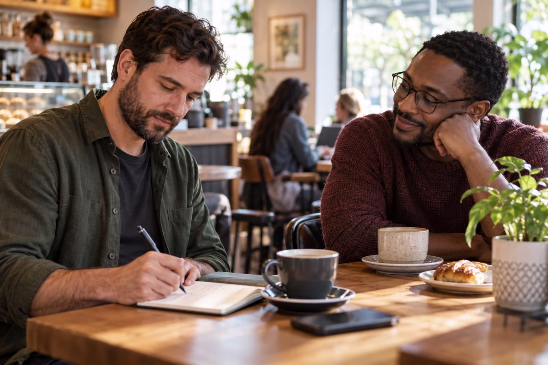 A man writes in a notebook at a cafe table while another man looks on.