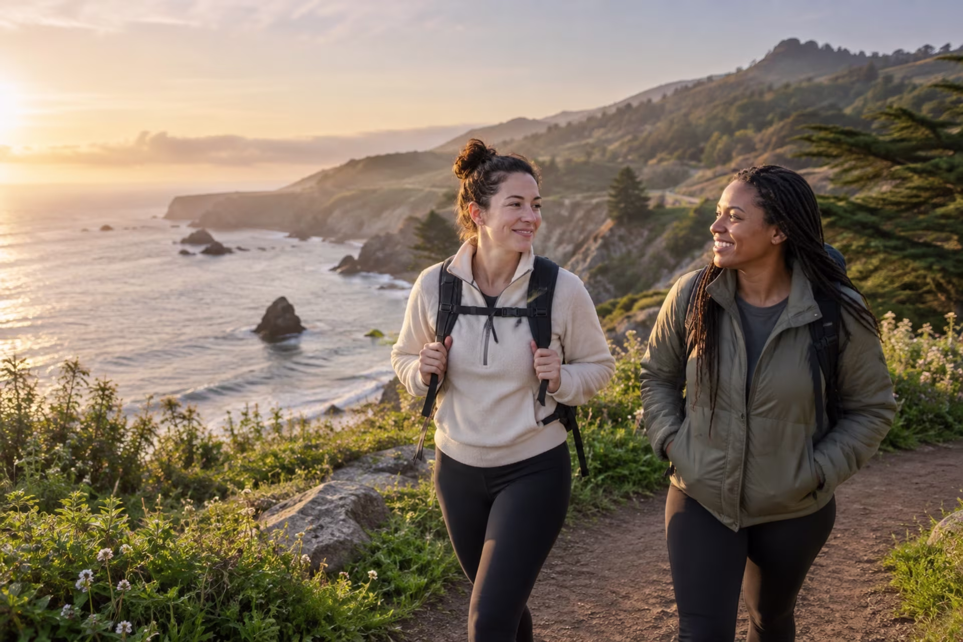 Two friends walk and talk on a coastal trail at sunset.