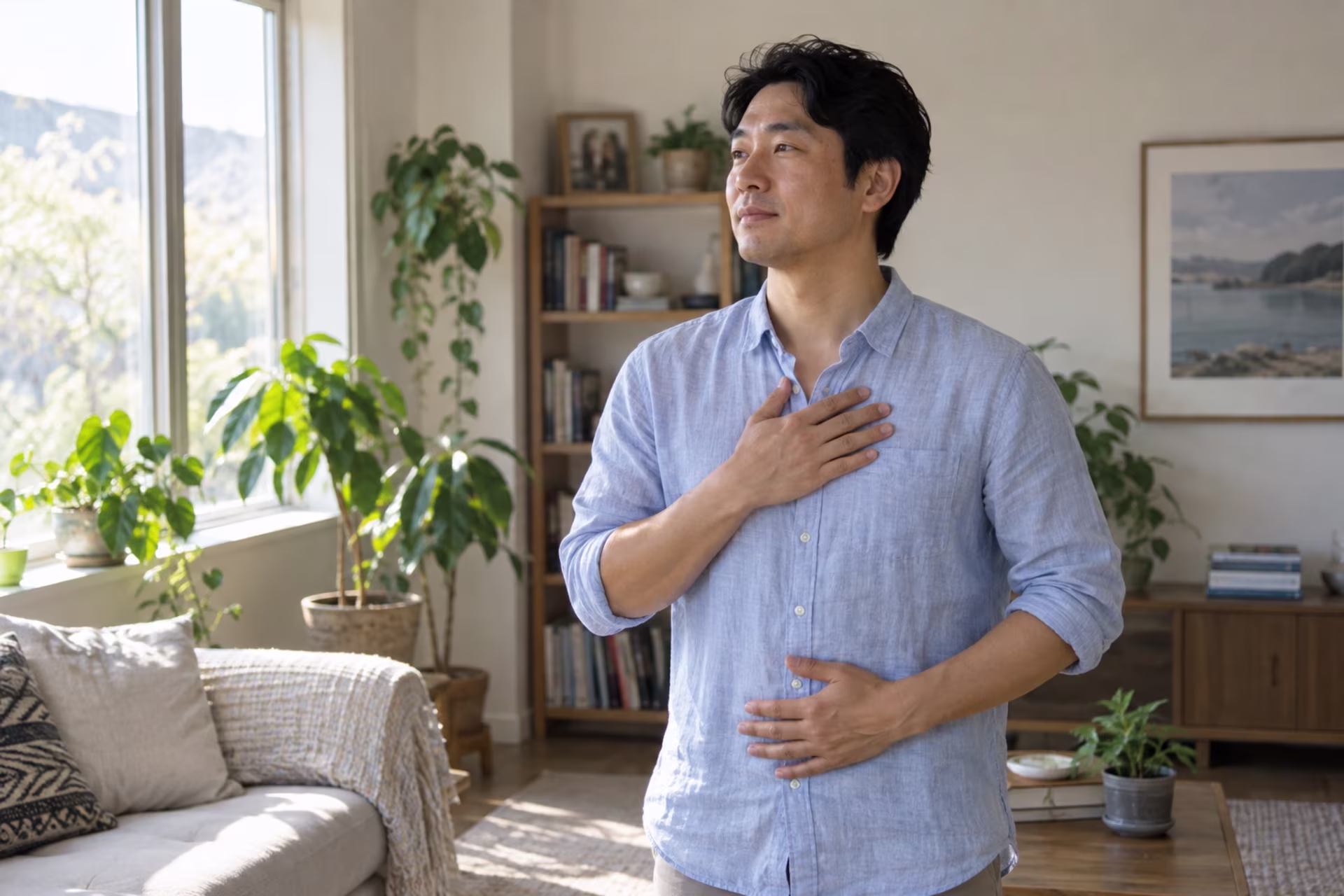 A man stands in a sunlit living room with one hand on his chest and one on his abdomen.
