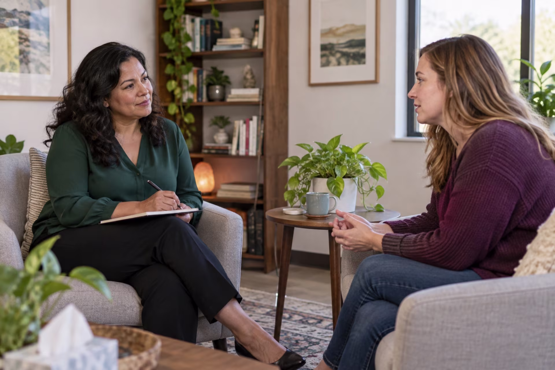 A therapist takes notes while a client talks across two armchairs.