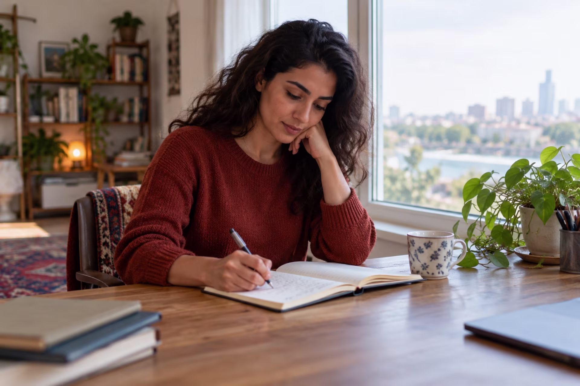 A woman writes in a notebook at a desk by a window.