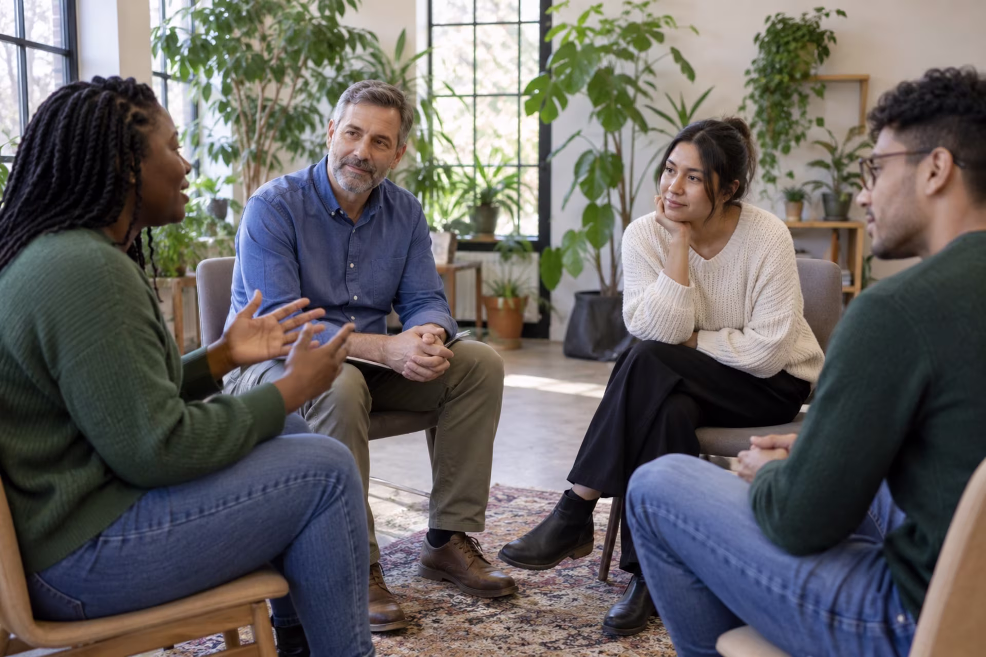 Four people sit in a circle in a plant-filled room during a support group.